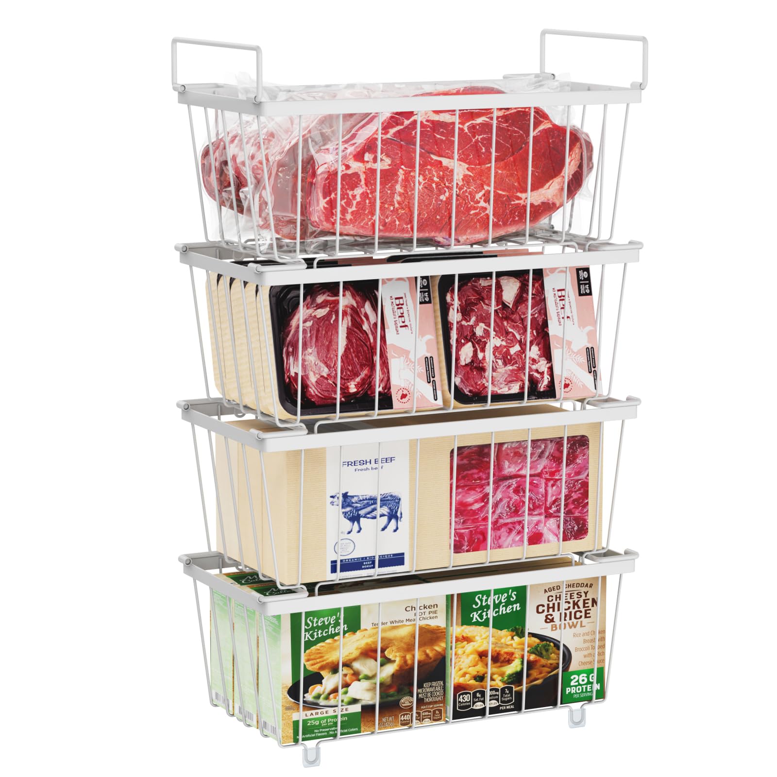 iSPECLE Chest Freezer Baskets - 4 Pack Stackable Wire Basket Add Space for 198L Deep Freezer Easy Get Food with Handles, Sort Food Air Circulation Keep Better Freshness, White