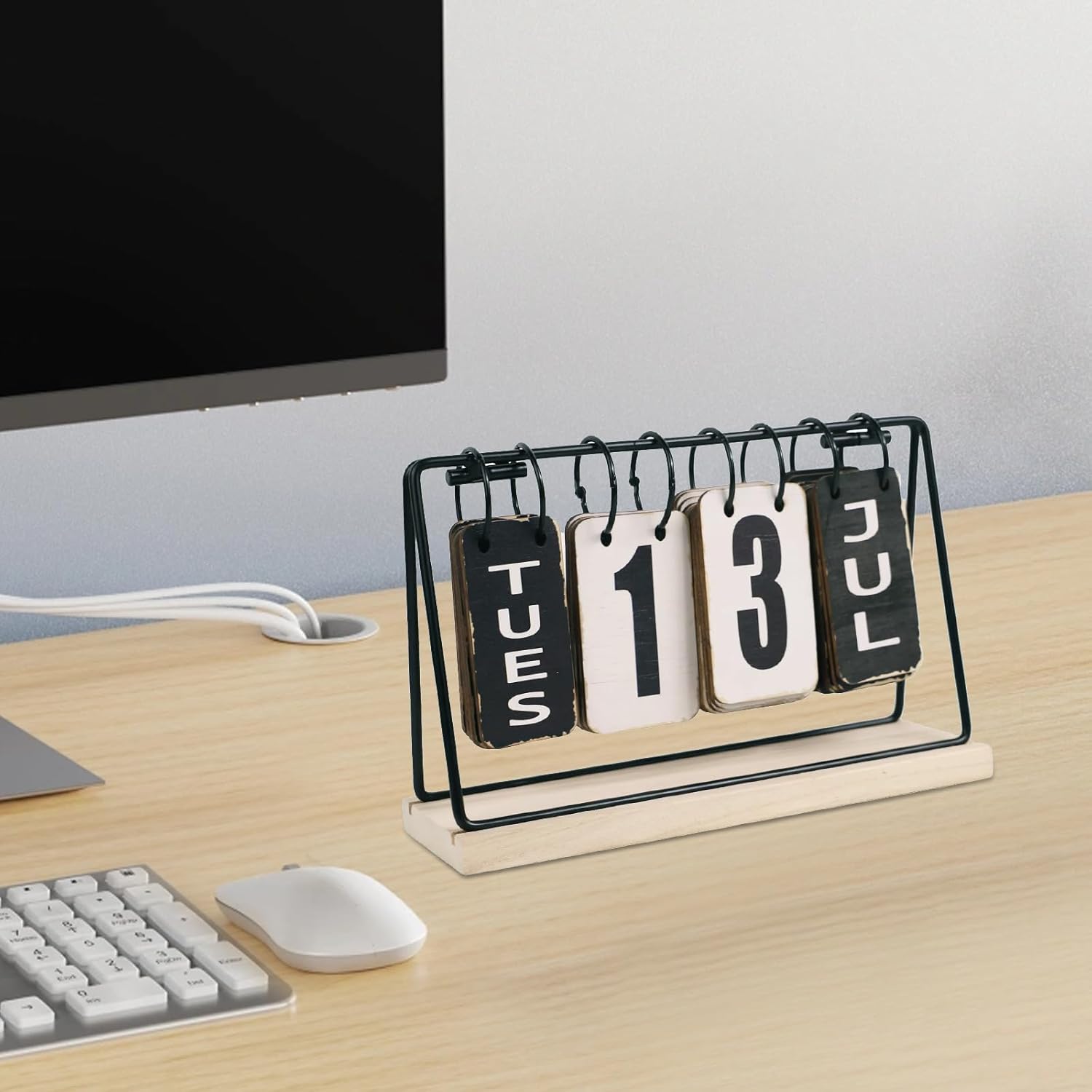 Koqye Vintage Style Metal & Wood Perpetual Flip Calendar for Desk - Large Display Reusable Foldable Desktop Calendar, Home Office Decor