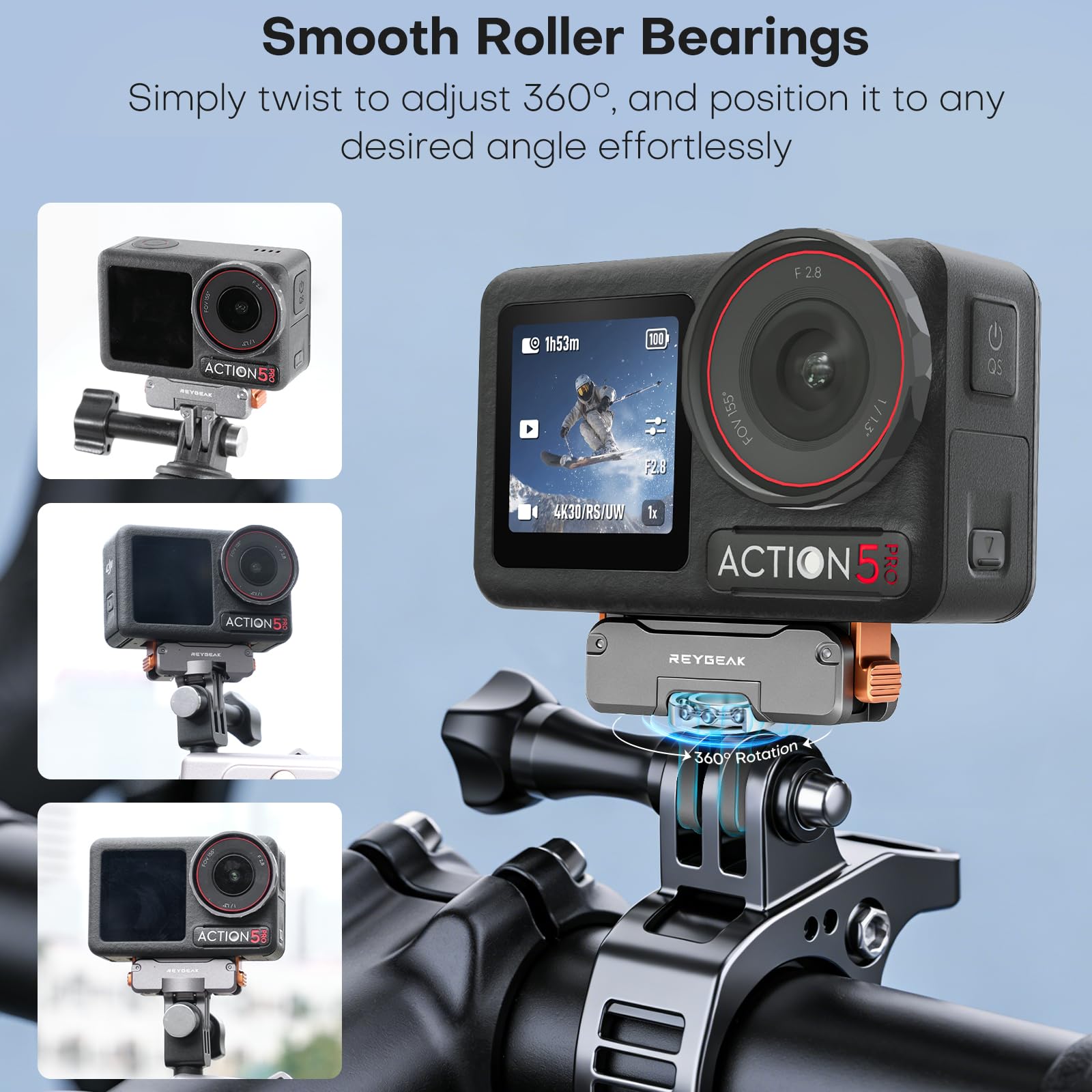 REYGEAK 360° drehbar magnetische Aluminium-Schnellspanner-Halterung für DJI Action 6/Nano/Action 5/4/3, Aluminium CNC geschnitzt magnetische Adapterhalterung mit 1/4-Zoll-Schrauben (für Action 5/4/3) - 5