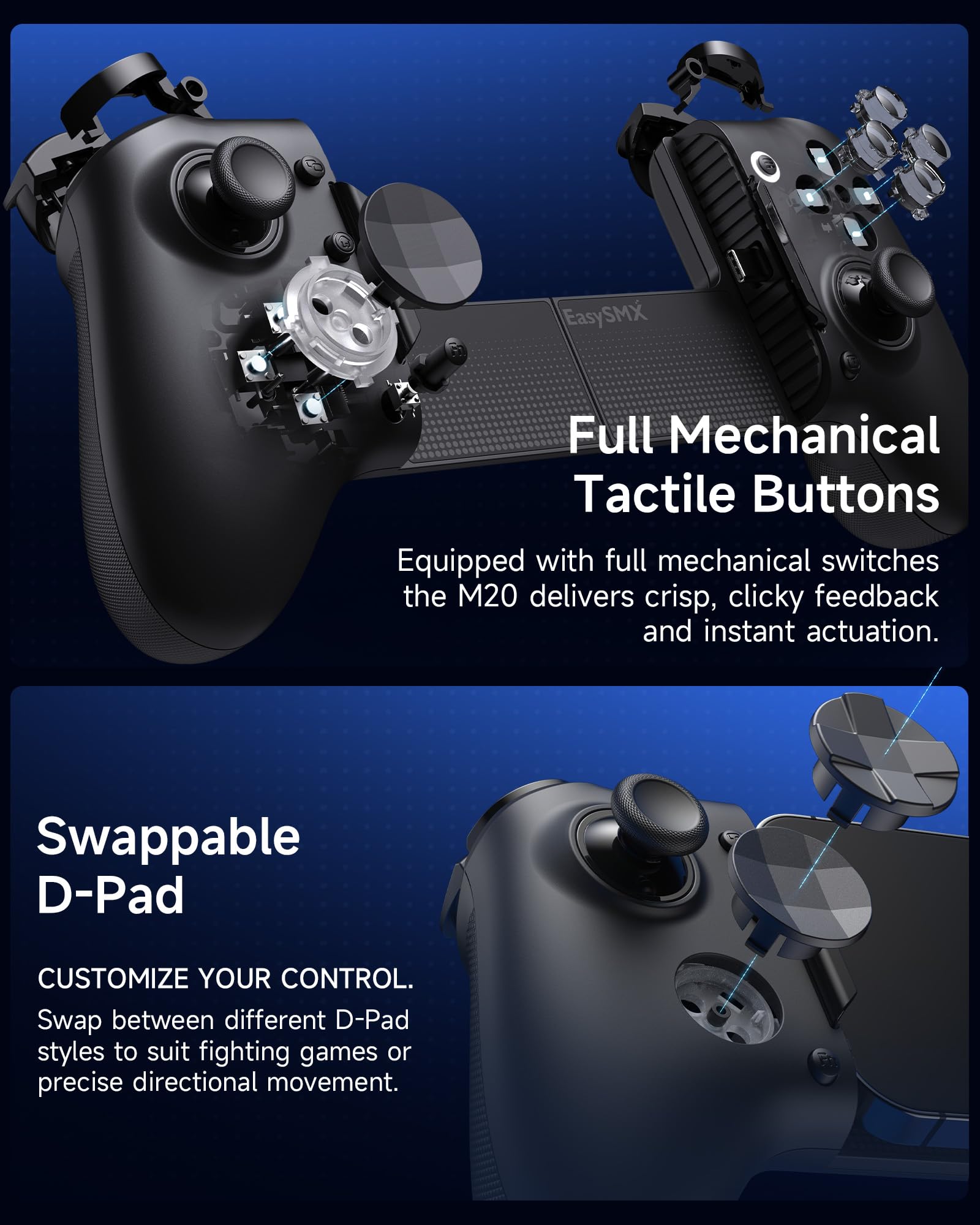 Controller mobile EasySMX M20 con USB-C per iPhone, smartphone Android e tablet 8,5", controller per smartphone con joystick a effetto Hall/grilletto a due stadi, doppi motori di presa