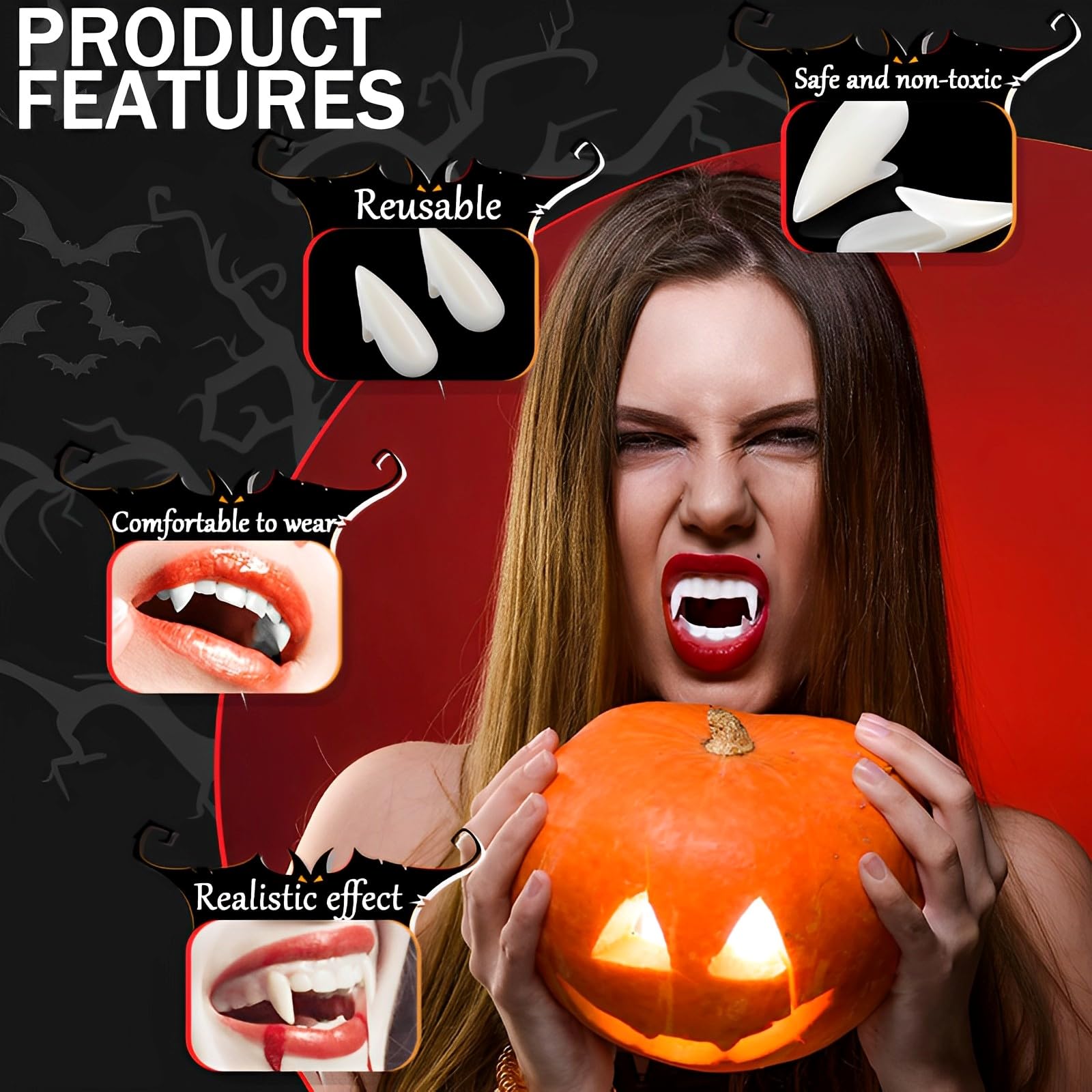 Kit De Colmillos De Vampiro JLTXKST – 4 Pares De Dientes Falsos, 2 Tubos De Adhesivo Y 6 Tatuajes De Halloween