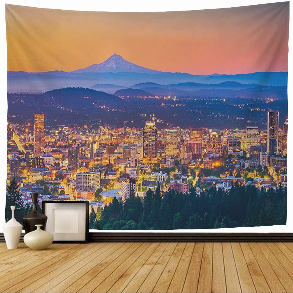 Staromin Tapestry Pittock Modern Portland Oregon Downtown Hill USA Skyline Dusk Mountain Mt Offices Landmarks Dawn Vintage Tapestry Wall Hanging for Bedroom Home Dorm 60x50 Inch