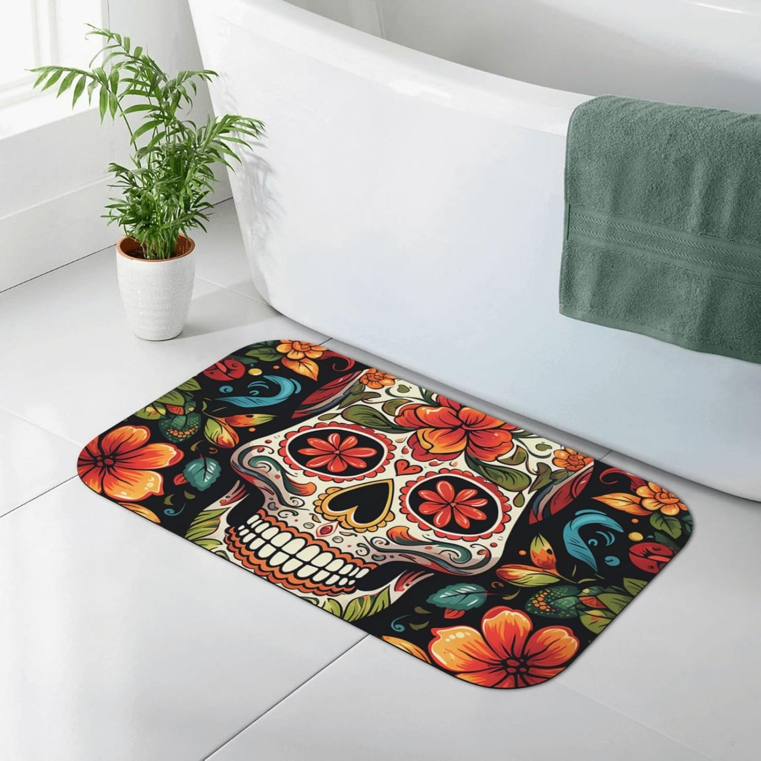 Stone Bath Mats Colorful Sugar Skull Diatomaceous Earth Bath Mat Super Absorbent Bathroom Floor Mat Quick Drying Diatomite Shower Mat for Shower Bathtub Bathroom Accessory 19.7x31.5in