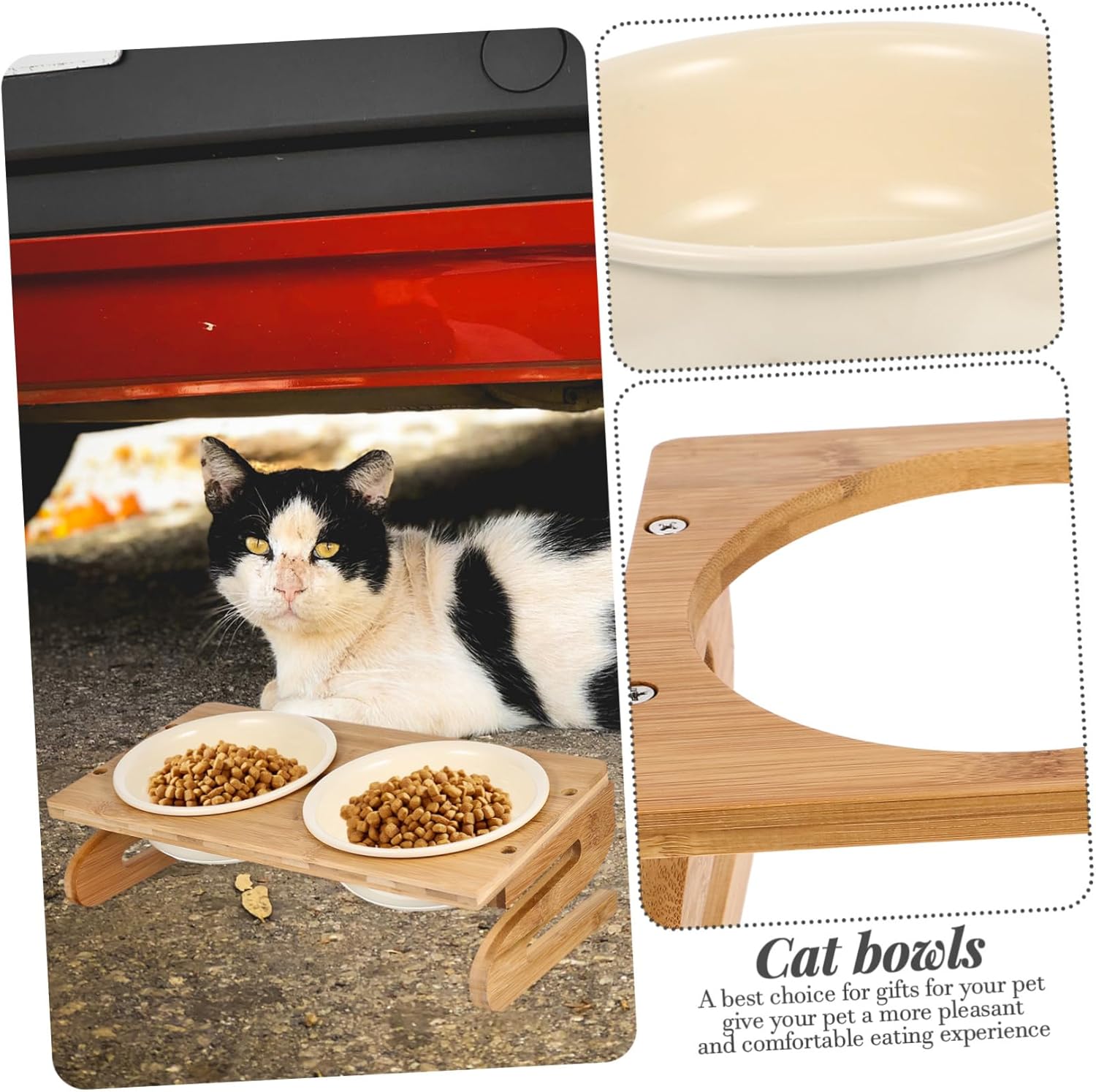 Toyvian Ceramic Elevated Cat Food Bowl Kitten Bowl Wood Stand Elevated Cat for Pet Contemporary Design Easy to Clean Prevents Food Spills