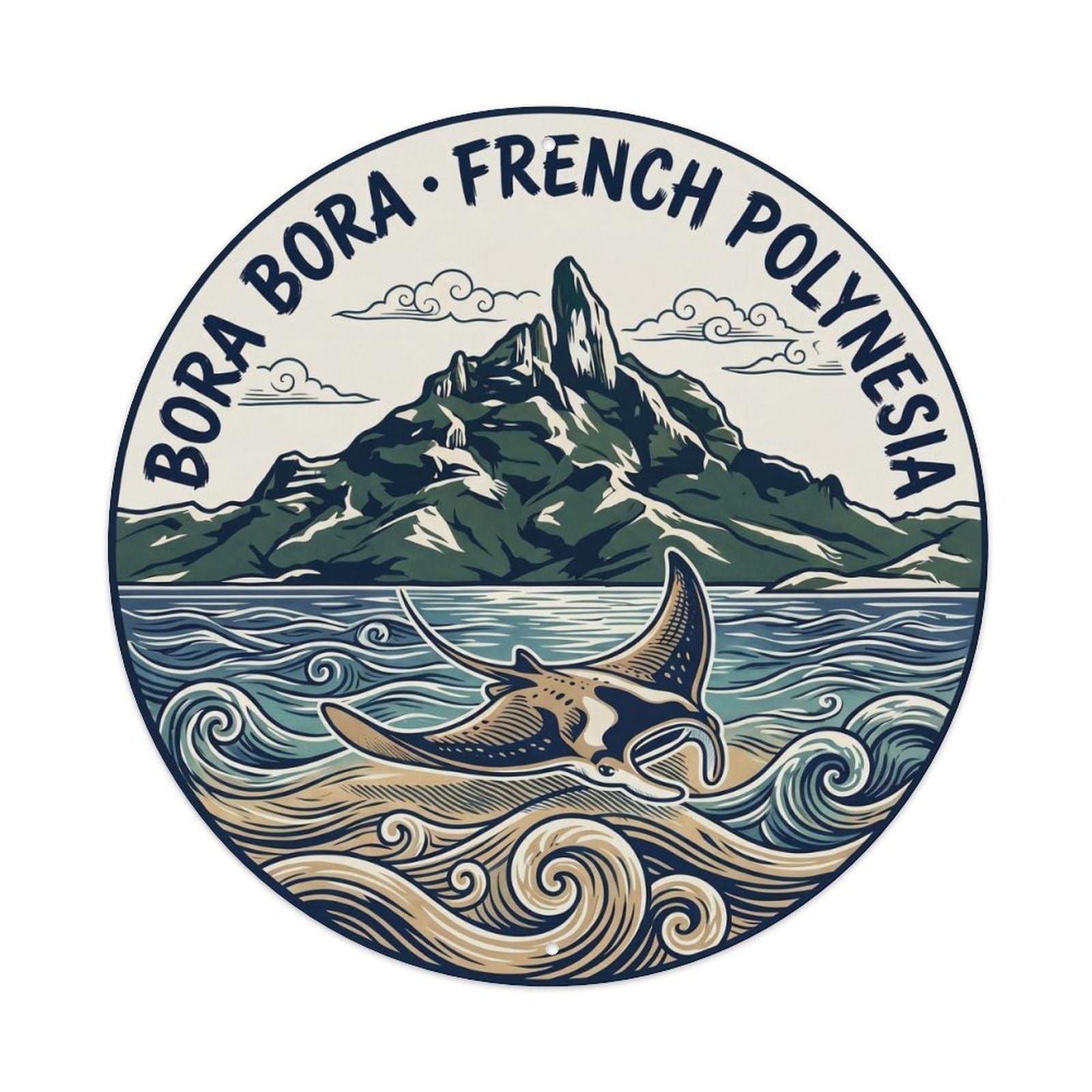 Olyhtr 8X8inch Classic Style Stingray Borabora Otemanu Lagoon Woodblock Reef Metal Tin Sign
