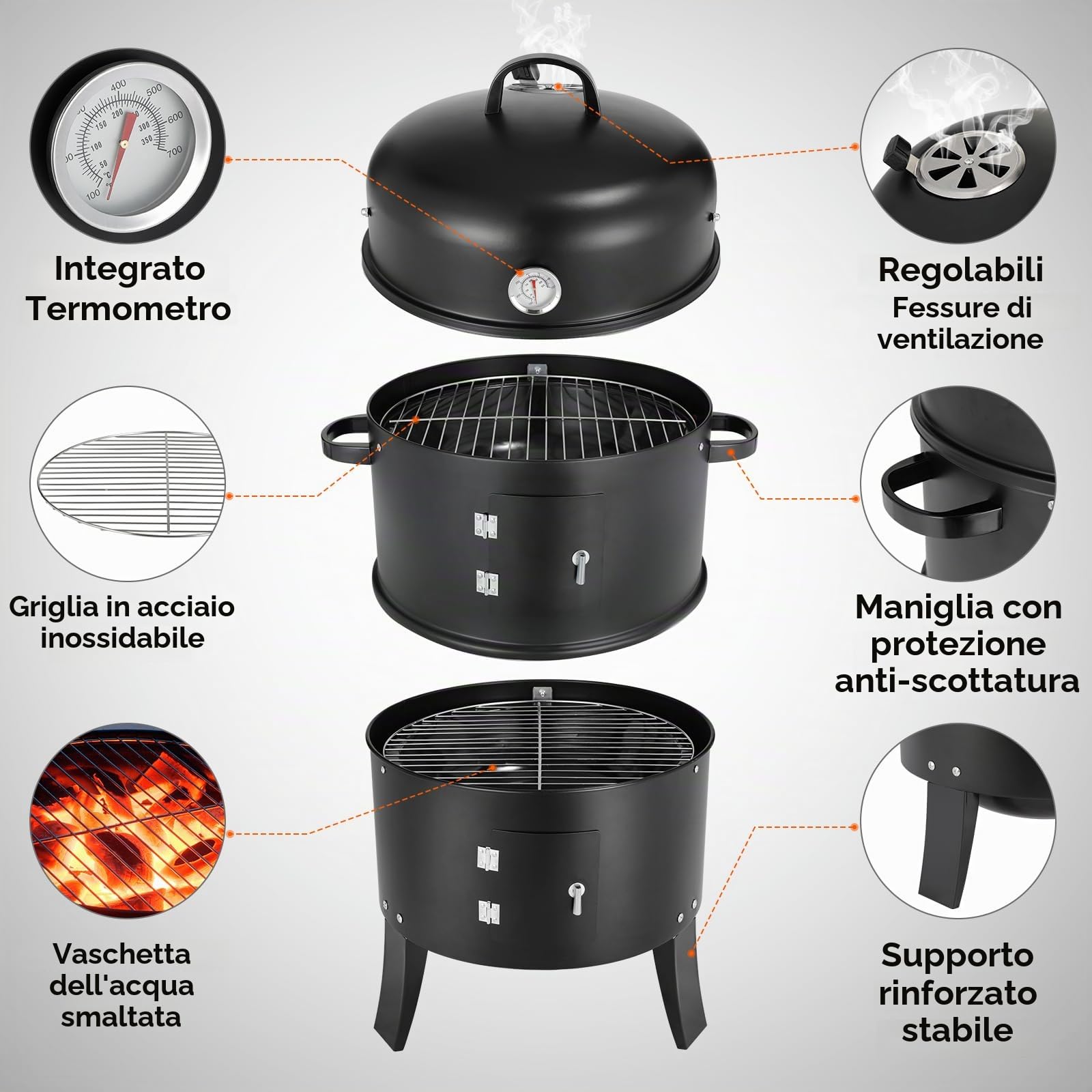 TLGREEN Barbecue Smoker 3 in 1, Affumicatore con Manico, BBQ Smoker
