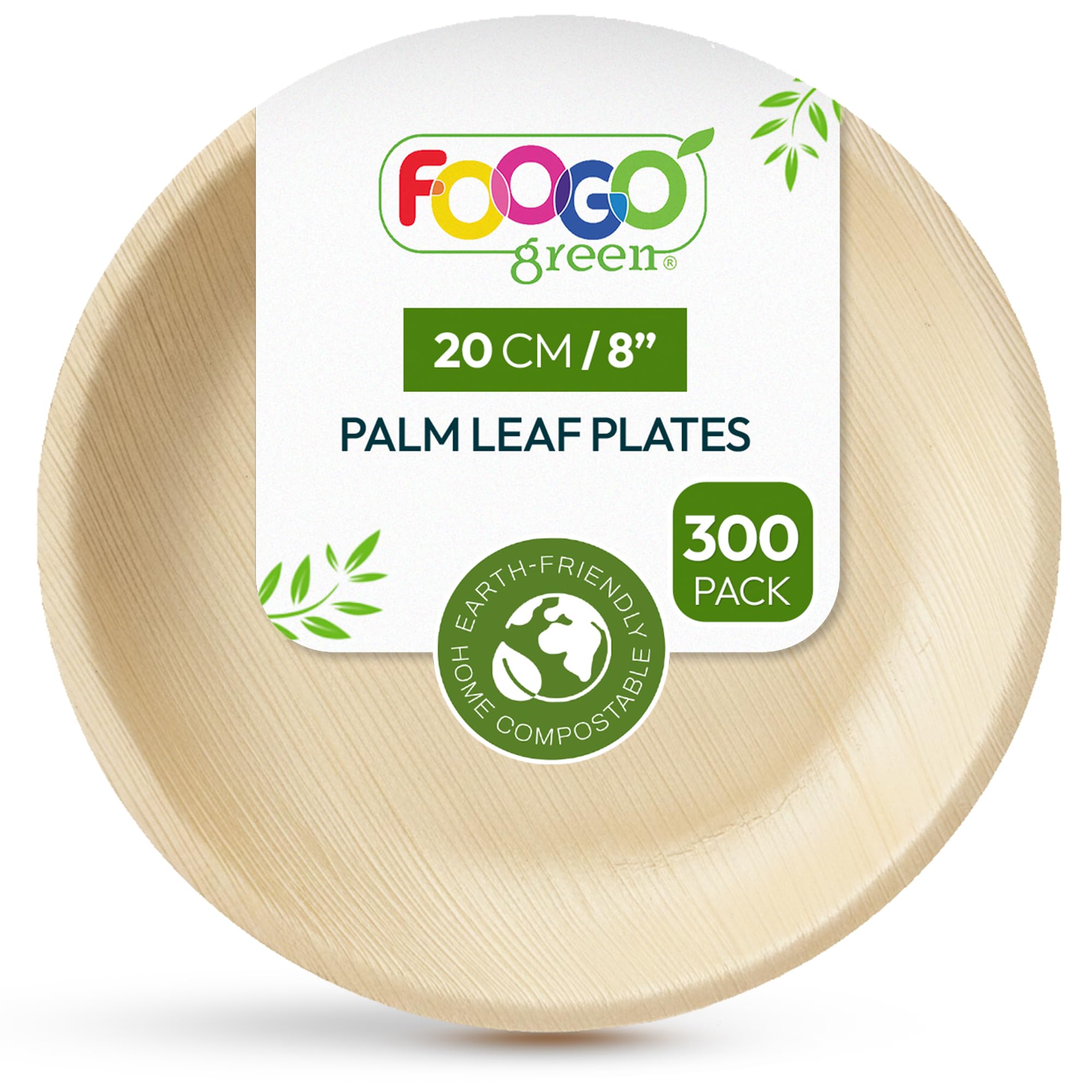FOOGO Green 300pcs Disposable Palm Leaf Plates, 8"(20cm) Medium Round, Eco Friendly Biodegradable Compostable Like Wooden, Bamboo, Paper Plates for Hot Food, Picnic Wedding Parties