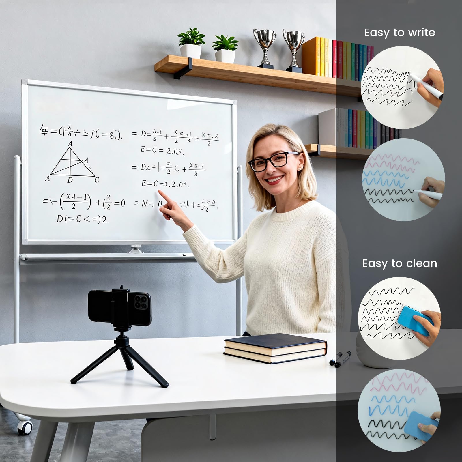 Duża mobilna szklana biała tablica z kółkami – 122 cm x 91 cm, zwijana, suchościeralna, ze stojakiem, dwustronna tablica ze stojakiem, dwustronna tablica