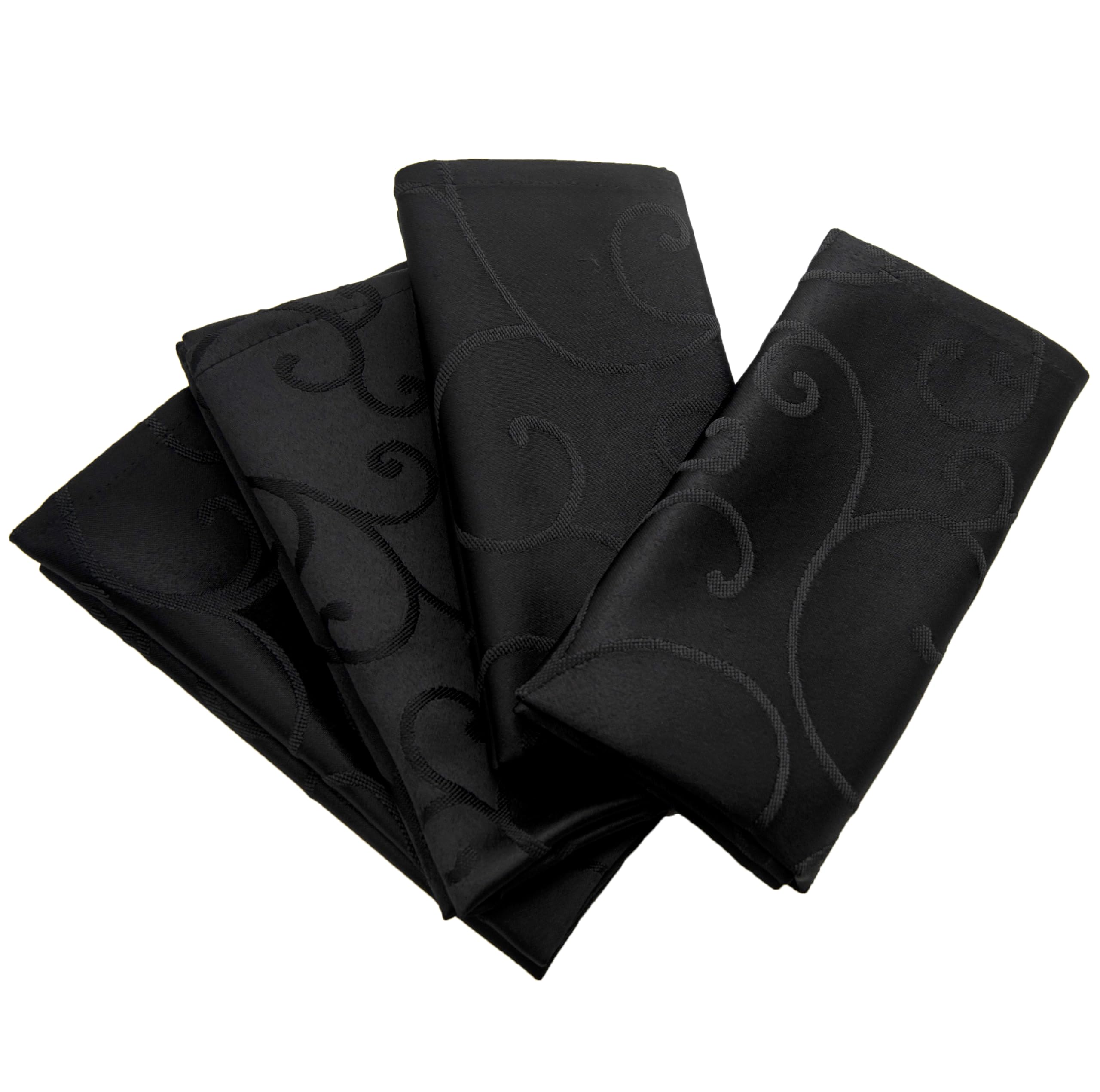 Marina Decoration Jacquard Waterproof Thick Luxury Premium Solid Damask Branch Scroll Decorative Home Kitchen Liquid Repellent and Stain Resistant 4 Piece Napkin Set, Black Color Square 18 x 18 Inch