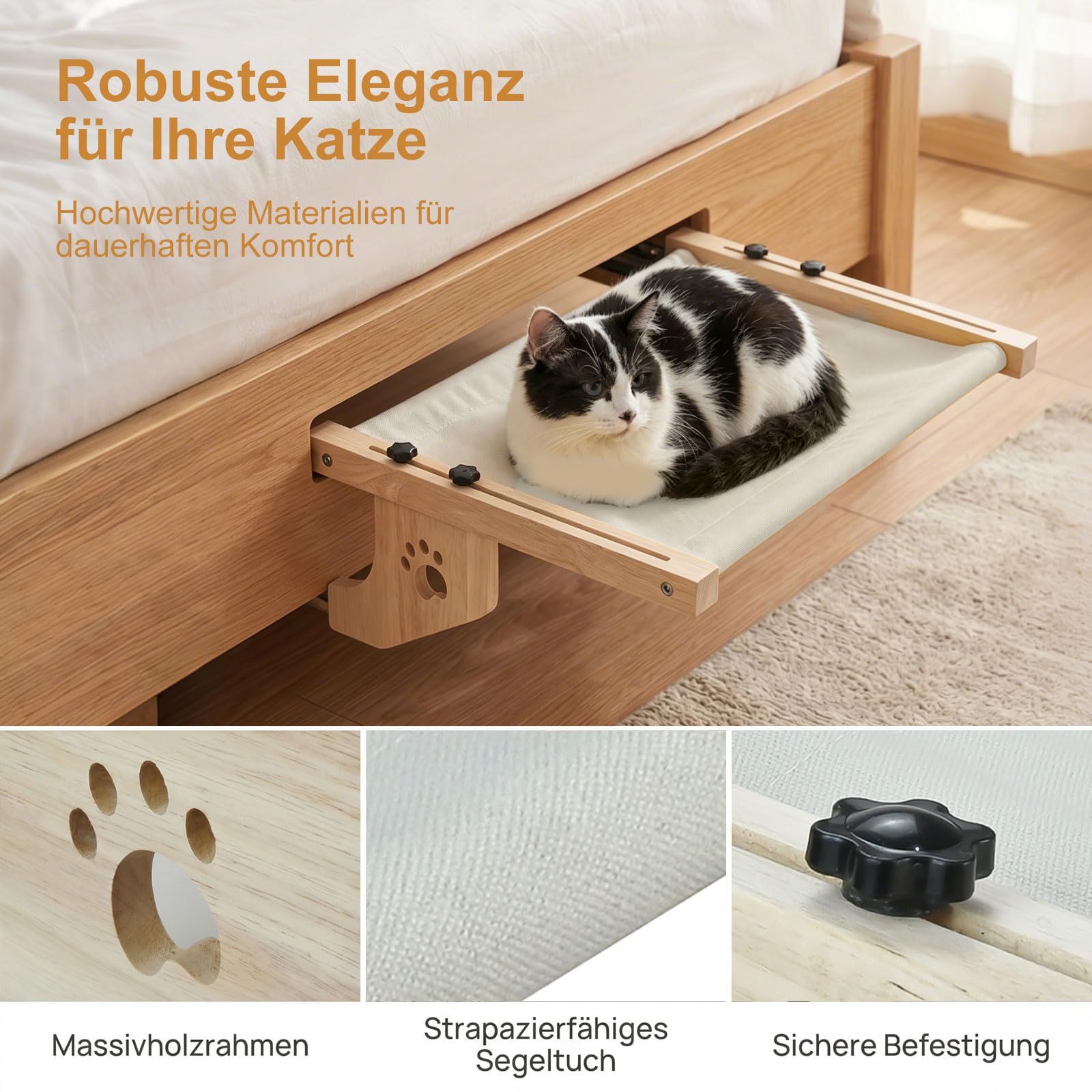 Fensterliege für Katzen – Hängende Katzenliege mit Klettverschluss, Größe 55 x 38 cm, Robuste Holzhängematte für Heizkörper und Fensterbank, verstellbar zum Aufhängen und Aufstellen auf dem Boden