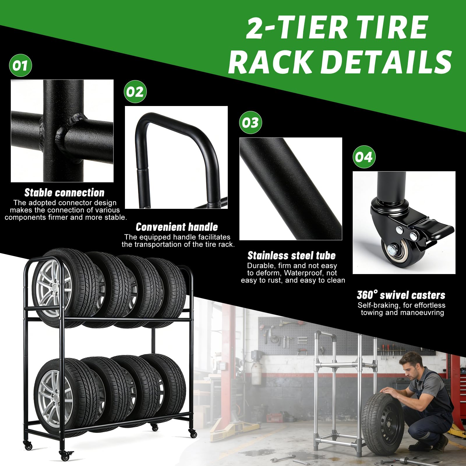 EXLECO Verstellbar Reifenregal bis zu 8 Reifen, Regallänge 63-108cm, Werkstattregal mit Schutzhülle & Lenkrollen, Garage Reifenhalter, Felgenständer, Beschichteter Stahl Schwarz Tragkraft 100-200kg