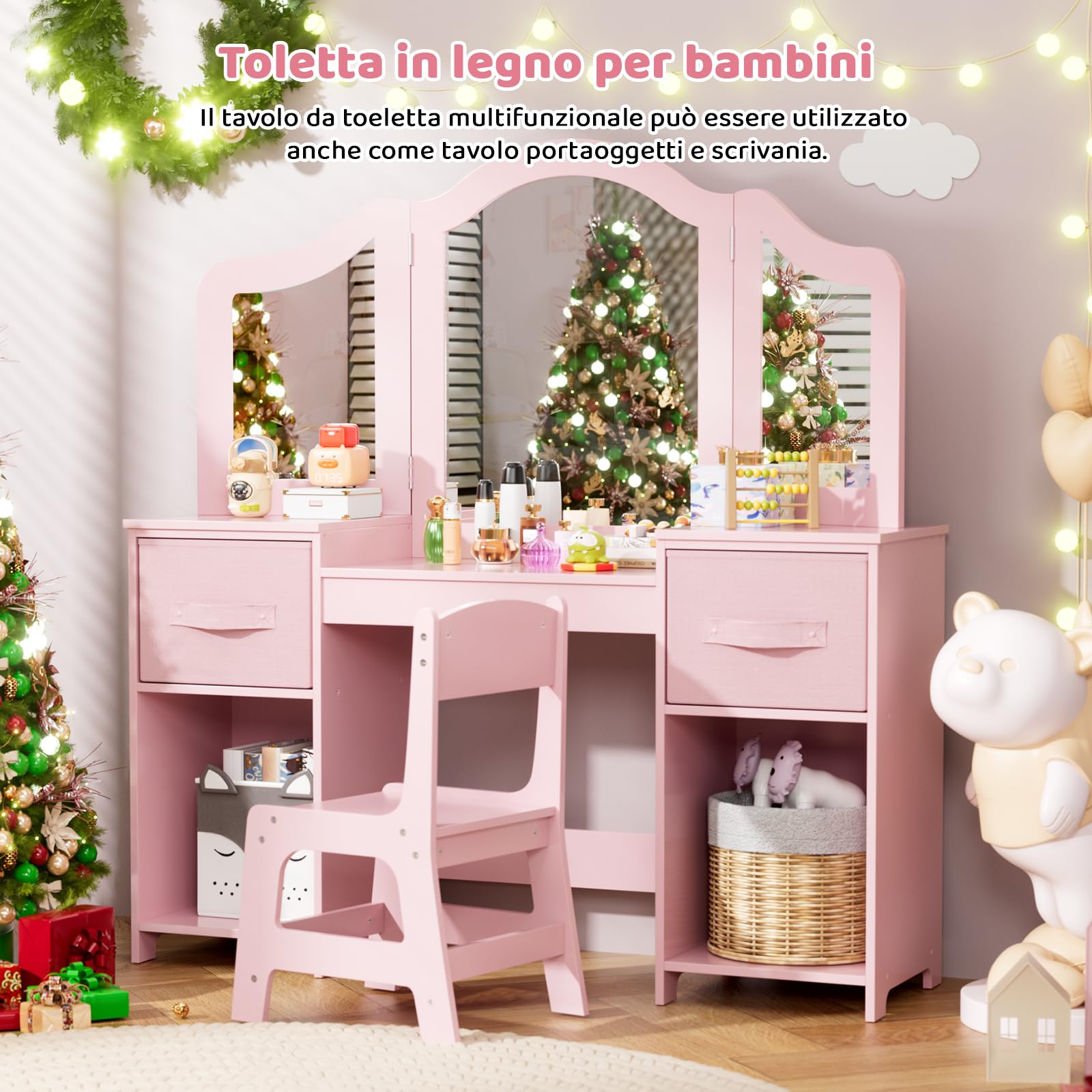 MAMIZO Toeletta Trucco Bambina 2 in 1, Toeletta per Bambi con Specchio Rimovibile, Sgabello, 2PCS Cassetto in Tessuto, Scrivania per Bambini, 108x30x114 cm, Rosa