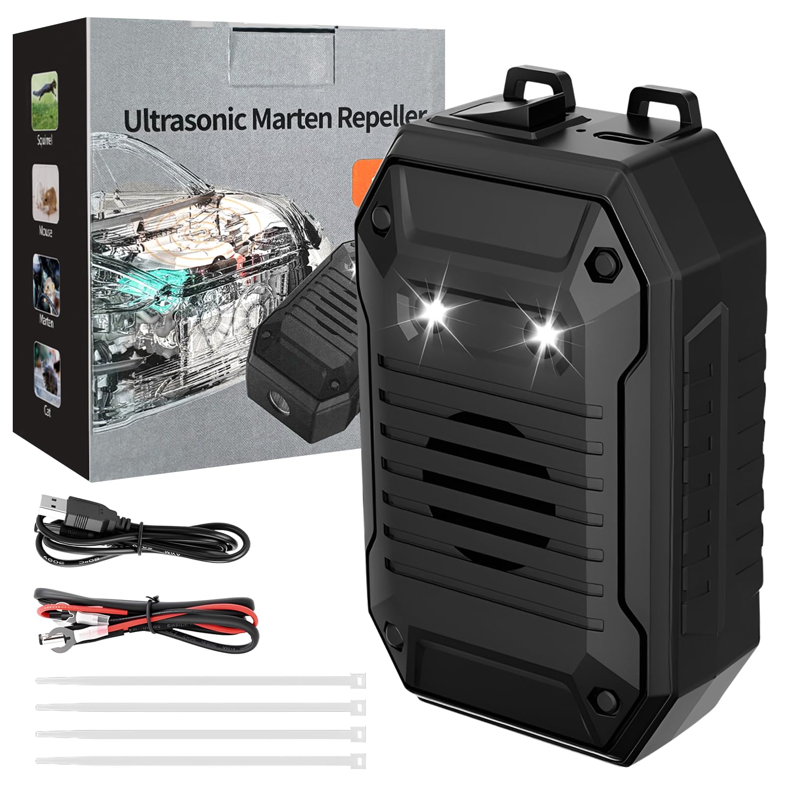 Ahuyentador de Ratas para Coche USB y 12V,Repelente Ultrasónico de Animales | con Luces LED Estroboscópicas, Anti Martas y Roedores para Motor, Garaje y Exterior, Silbato Animales Coche de Alta Potenci