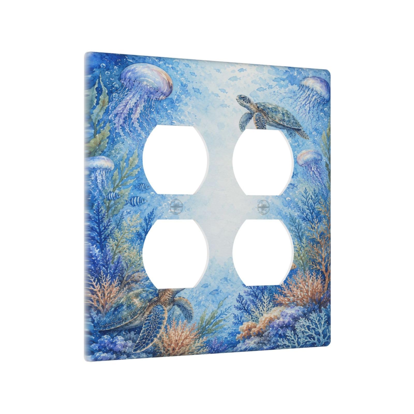 Yamxbfa Decorative Outlet Covers Blue Underwater Sea Turtle Pastel Jellyfish Coral 2 Gang Light Switch Cover Plate Double Duplex Wall Plates Electrical Switch Plate Covers for Bathroom Decor