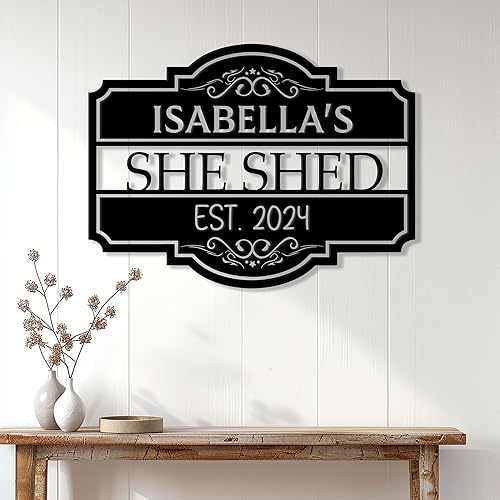 Miniatura 3 de Letrero de metal personalizado con texto en inglés She Shed  Decoración de pared con nombre personalizado para jardín, porche, patio, valla o