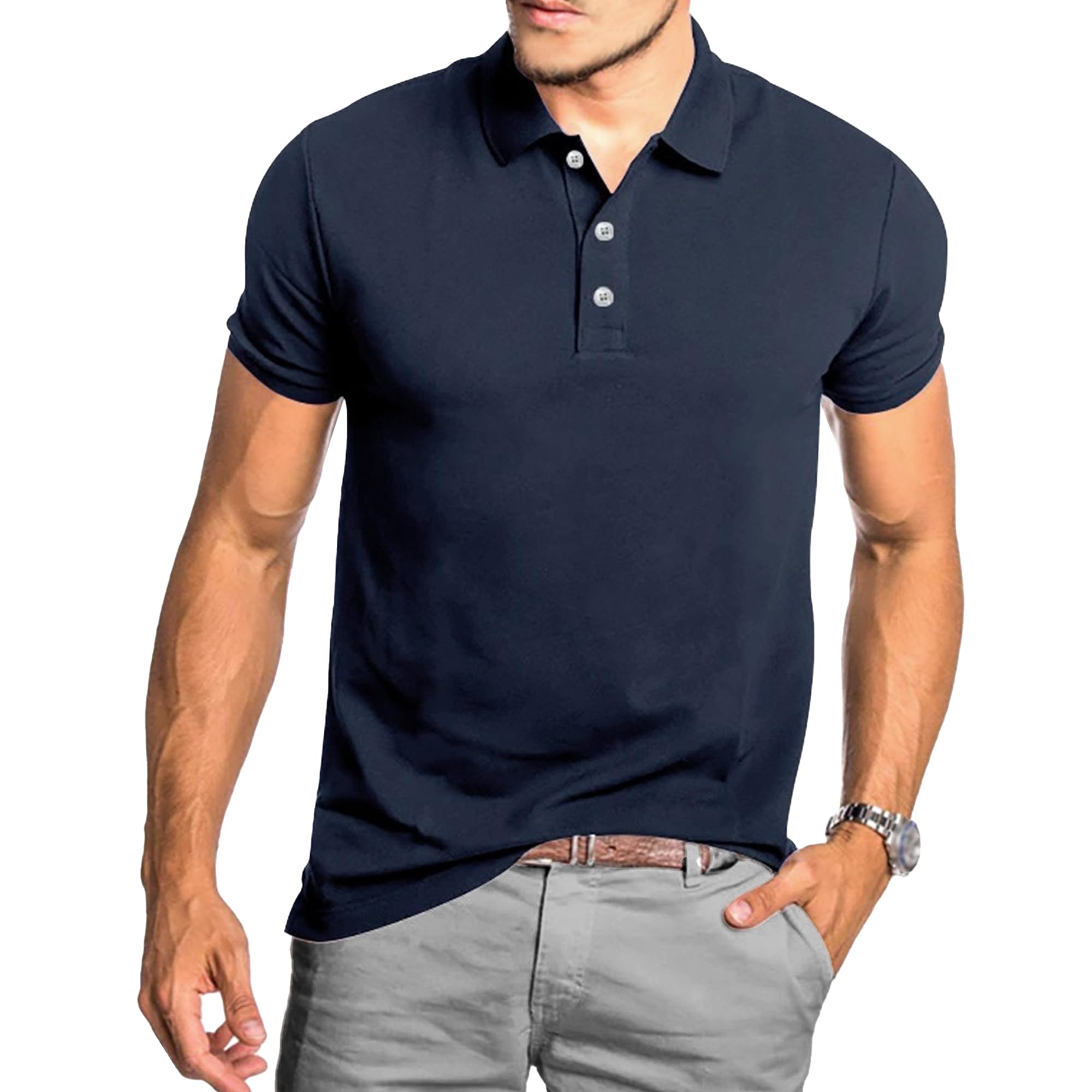 Men Classic Suit Collar Casual Polo Shirts Quarter Button Solid Slim T Shirt Summer Pullover Tops for Sport,Daily (Dark Blue,Medium)