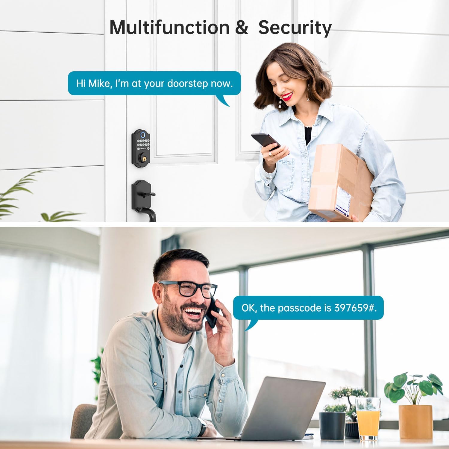 Person installing the smart lock on a door with a drill, indicating easy installation in 15 minutes.