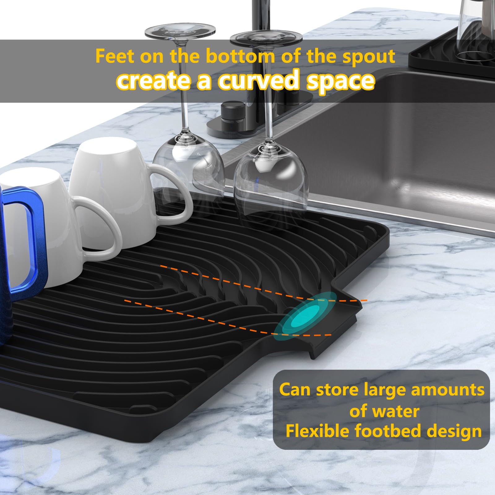Tapis de séchage en silicone pour comptoir de cuisine, 45,7 x 30,5 cm, tapis de séchage à vaisselle en silicone avec égouttoir, comptoir de cuisine en caoutchouc mat sec pour égouttoir à vaisselle