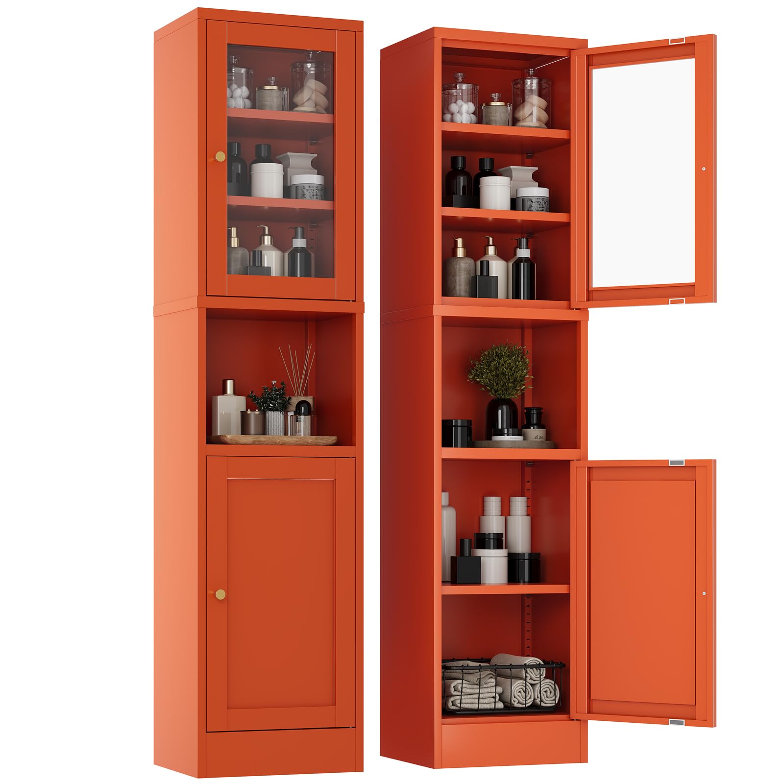 YAUWOH 2-Door Metal Storage Cabinet, Tall Slim Pantry Organizer with 3 Adjustable Shelves (120LBS/Shelf), Anti-Tipping Waterproof Cabinet for Bathroom