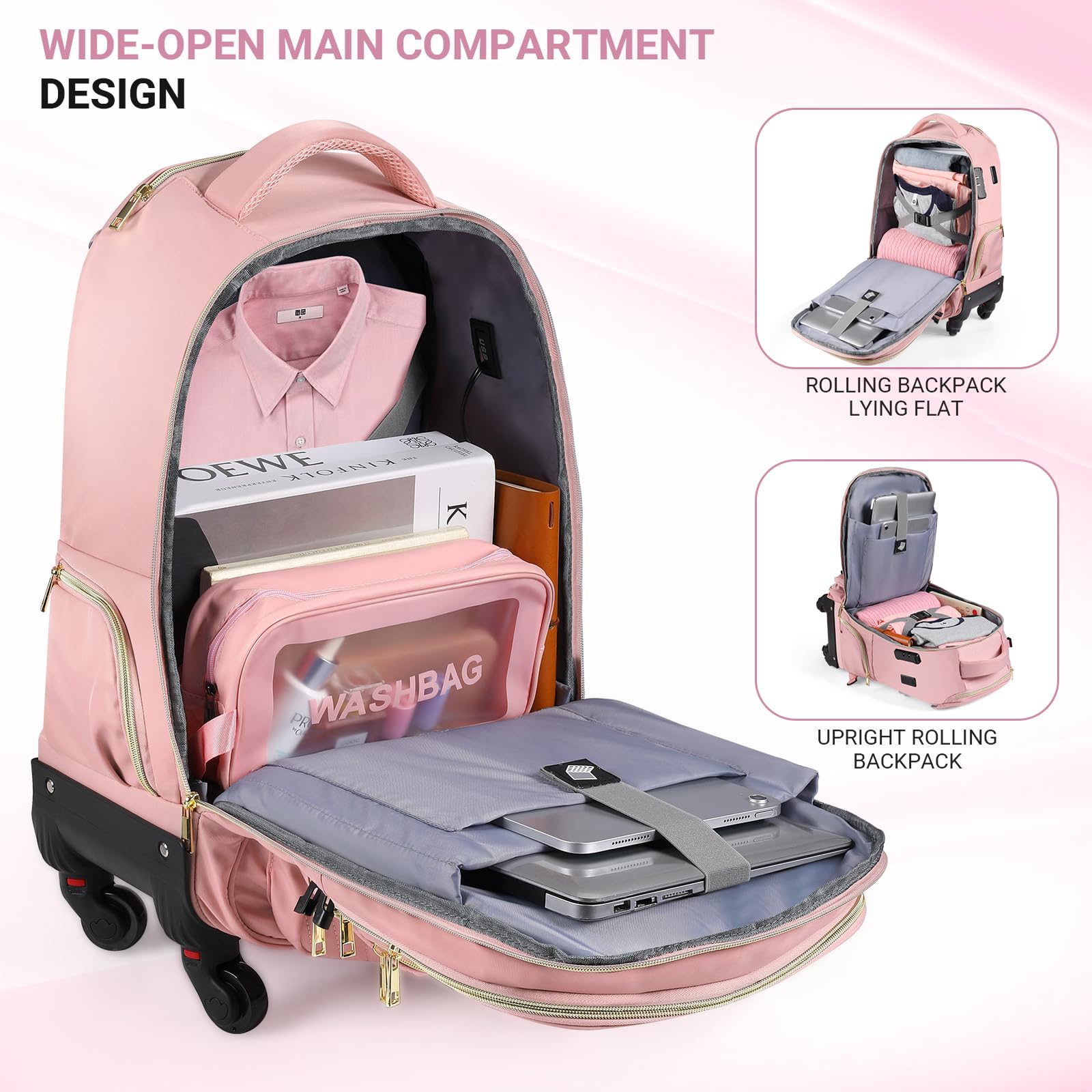 star cloud Rollrucksack für Damen, 53,3 x 35,6 x 22,9 cm, 45 l, Reiserucksack mit Rollen, Pink, 21*14*9inch, Reiserucksäcke