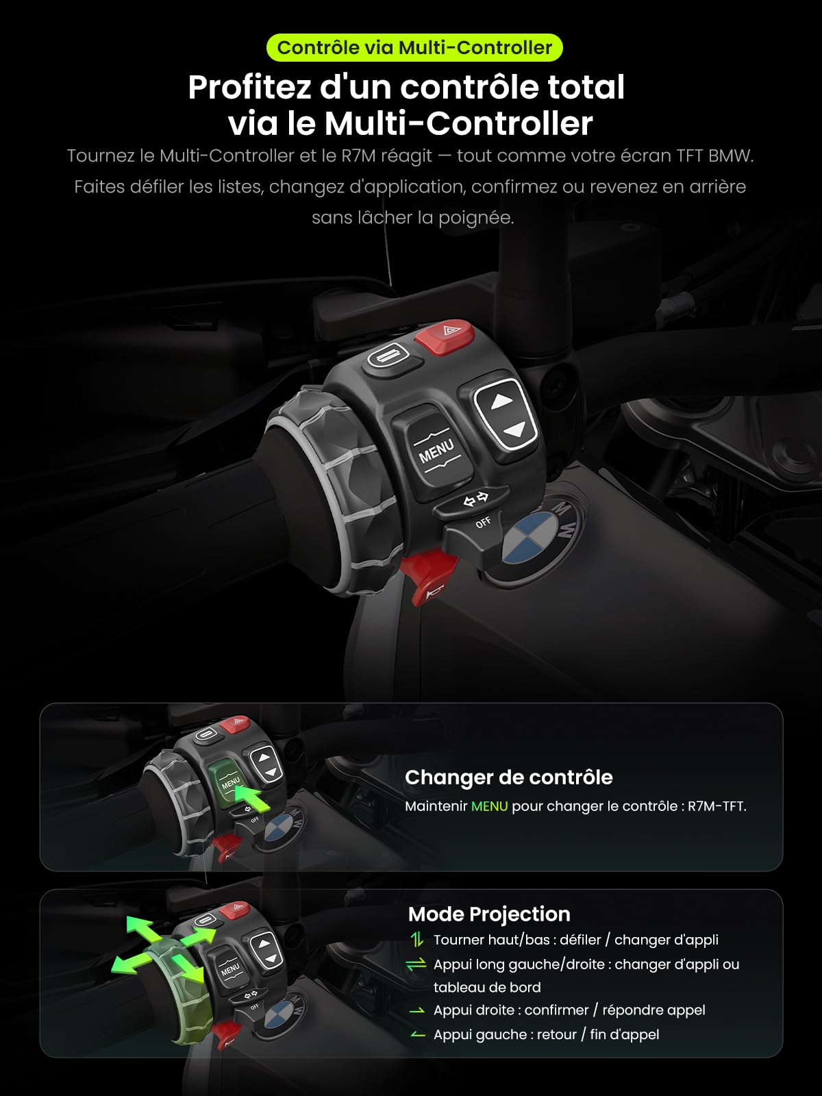 R7M 7" CarPlay et Android Auto sans Fil pour Motos BMW - Commande Native Wonder Wheel & Action Camera | Lecture des Données en Temps Réel (TPMS/RPM) | Mises à Jour OTA | GPS IP69K | Nav Pre