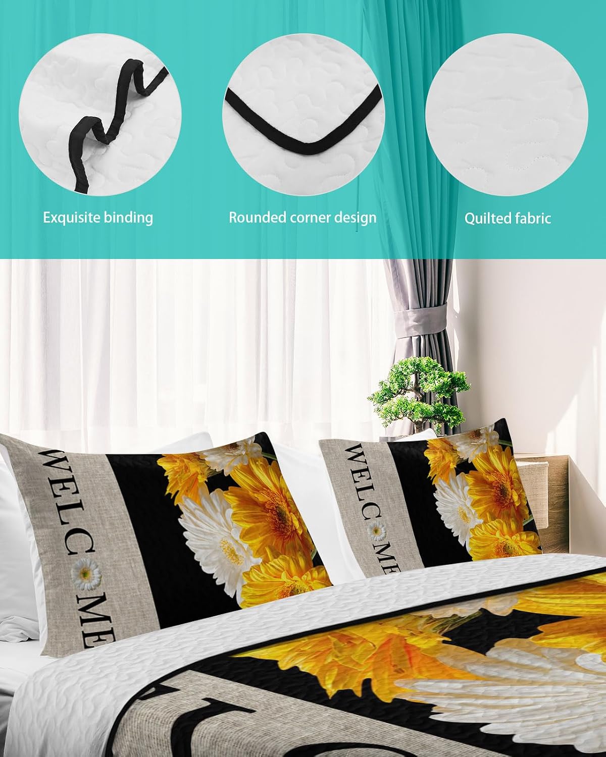 King Size Quilt Set, Watercolor Yellow White Floral Lightweight Bedspread Coverlet Set Soft Microfiber Summer Quilt with 2 Pillow Shams, Vintage Welcome Quotes 3 Piece Comforter Bedding Set