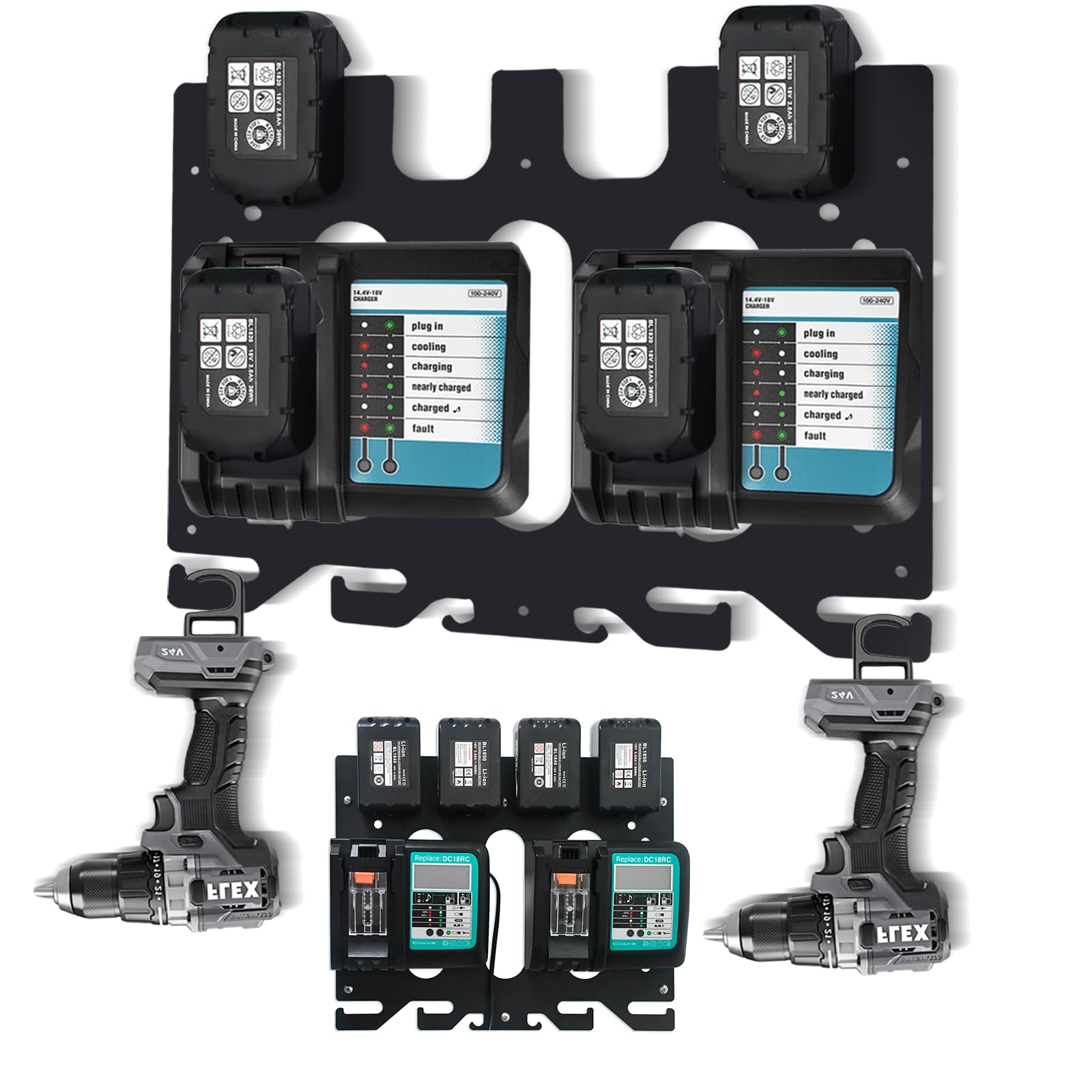 Wandhalterung für Makita Akkus 18V/14,4V, Ladegeräte und Akku-Bohrschrauber,Makita wandhalterung für 4 Akkus+ 2 Ladegeräte + 4 Akku-Bohrmaschine,Ordnung in werkstatteinrichtung und garagen zubehör