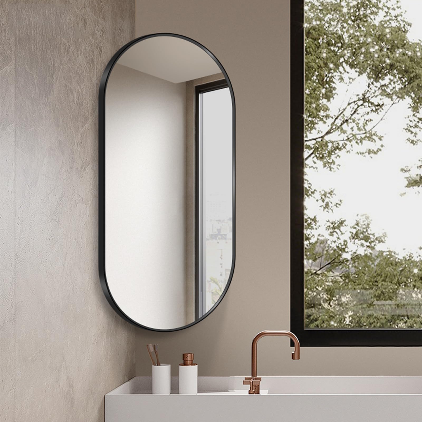 BKSXSOP 40x80cm Oval Bathroom Mirror - Wall Mounted, Black Aluminum Alloy Frame, Explosion-Proof, Swivel Design, Adjustable Angles for Perfect Reflection