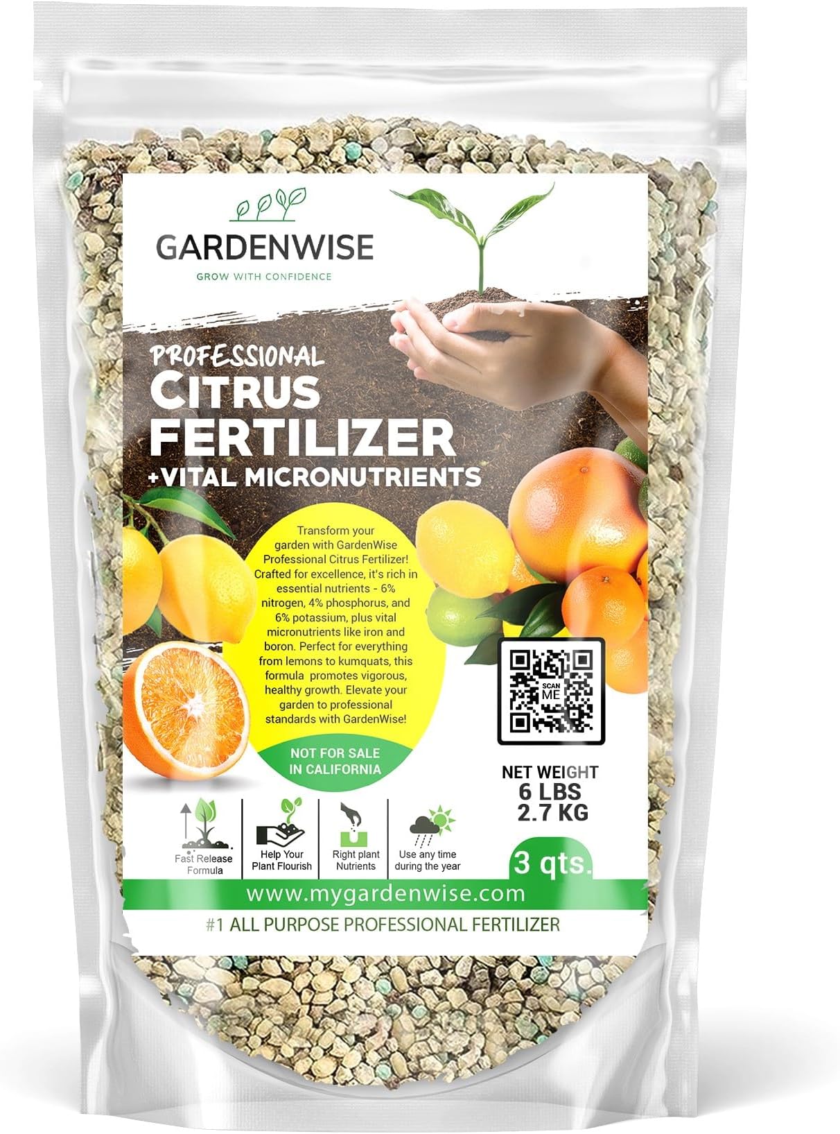 GARDENWISE Professional Citrus Fertilizer + Vital Micronutrients; Perfect Balanced NPK for All Citrus; for Indoor and Outdoor Plants; Orange, Lime, Avocado and Lemon Tree Fertilizer (3 QUARTS)