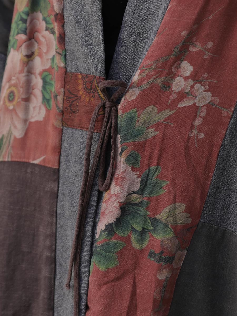 Vintage Floral Patchwork Kimono Quilted Jackets for Women Long Open Front Coat with Pockets Boho Chic Casual Wear - Image 6