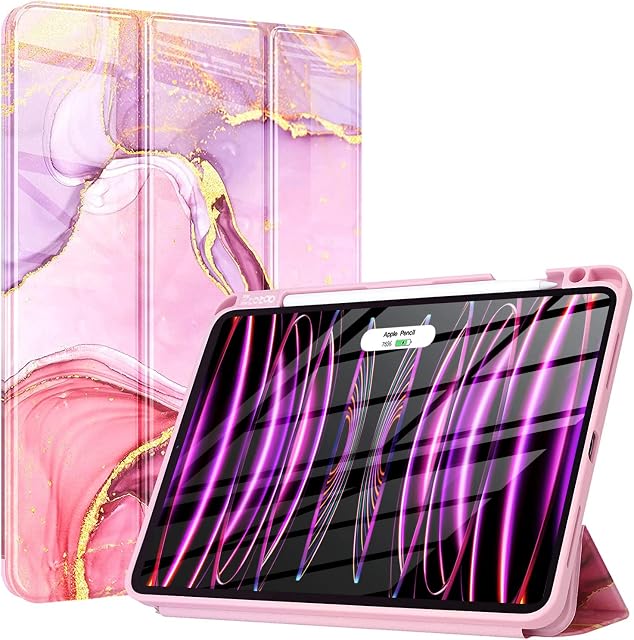 ZtotopCases Case for iPad Pro 11 inch 4th/3rd/2nd/1st Generation 2022/2021/2020/2018 with Pencil Holder,Shockproof Protective Slim Trifold Stand Smart Cover with Auto Sleep/Wake,Marble Pink