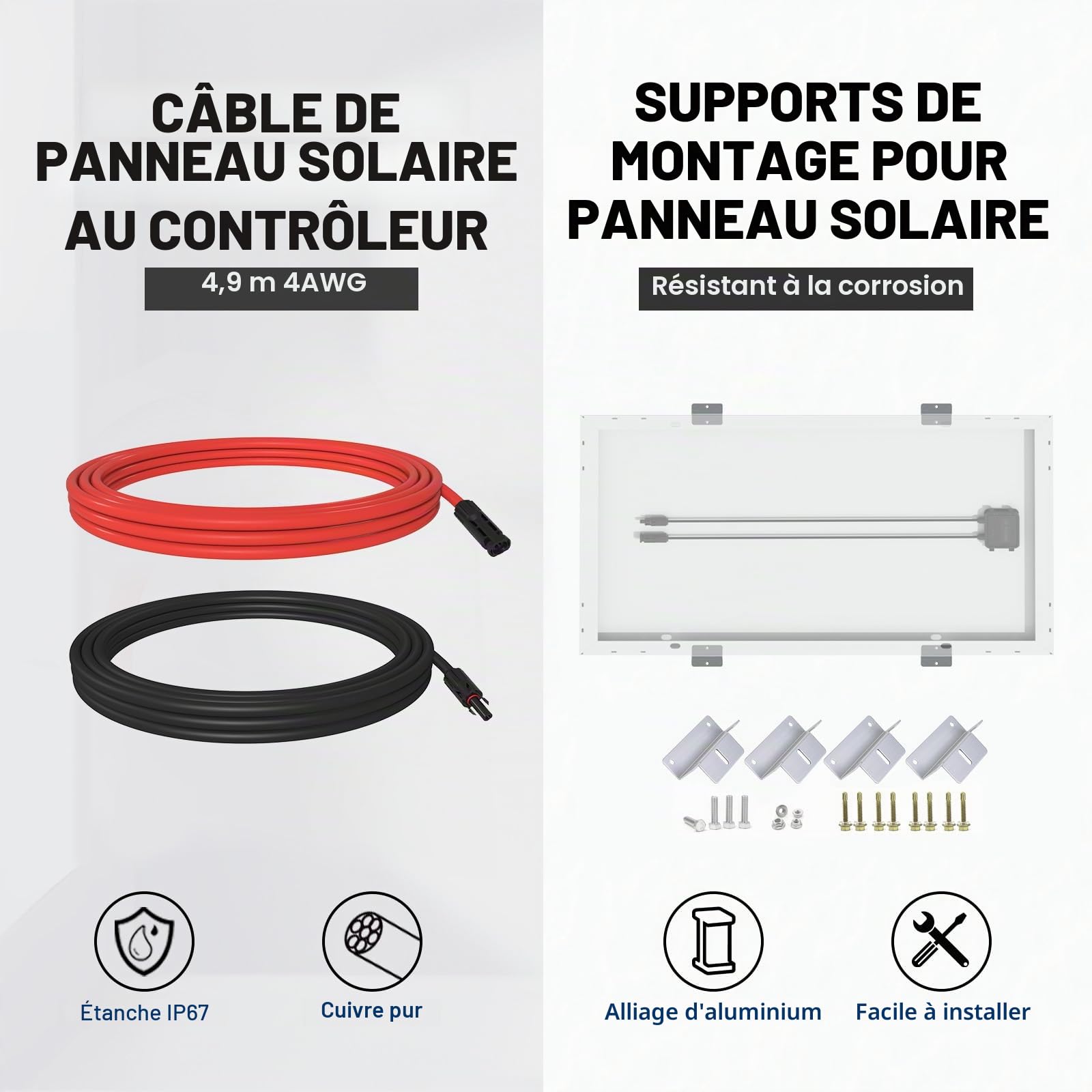 ECO-WORTHY Kit de panneau solaire 100 W 12 V pour camping-car, bateau 12 V Batterie : panneau solaire monocristallin 100 W + régulateur de charge solaire 30 A + câble solaire + pinces de fixation Z