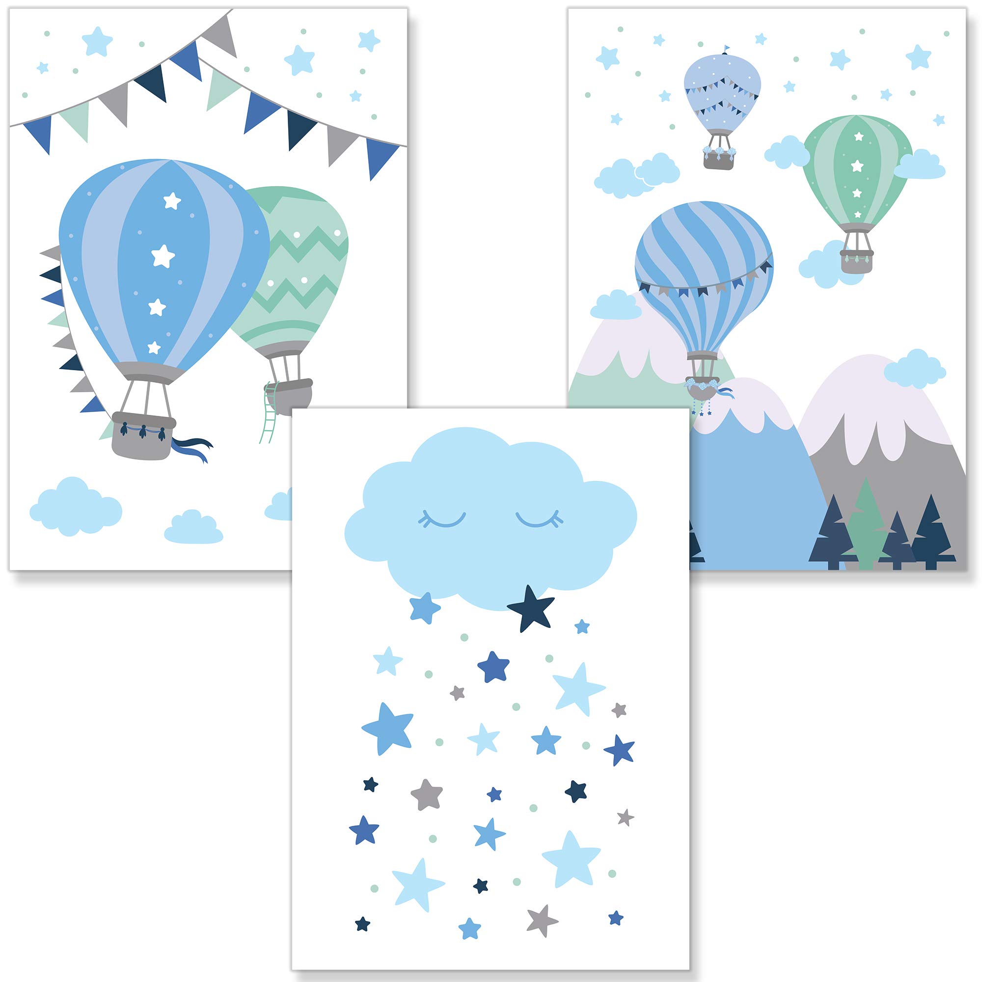 PREMYO Cuadros Infantiles Habitación Niños - Láminas Decorativas para Enmarcar - 3 Póster Globo Aerostático Nube Azul A4