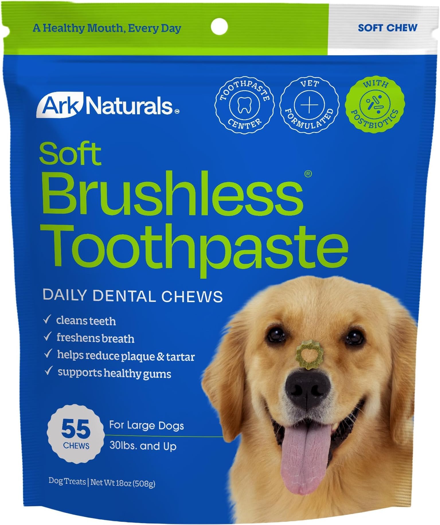 ARK NATURALS Soft Brushless Toothpaste for Large Breeds, 18 oz Bag, Soft-Baked Dog Dental Chew with Toothpaste Center, Freshen Breath, Reduce Plaque &amp; Tartar (Pack of 6)