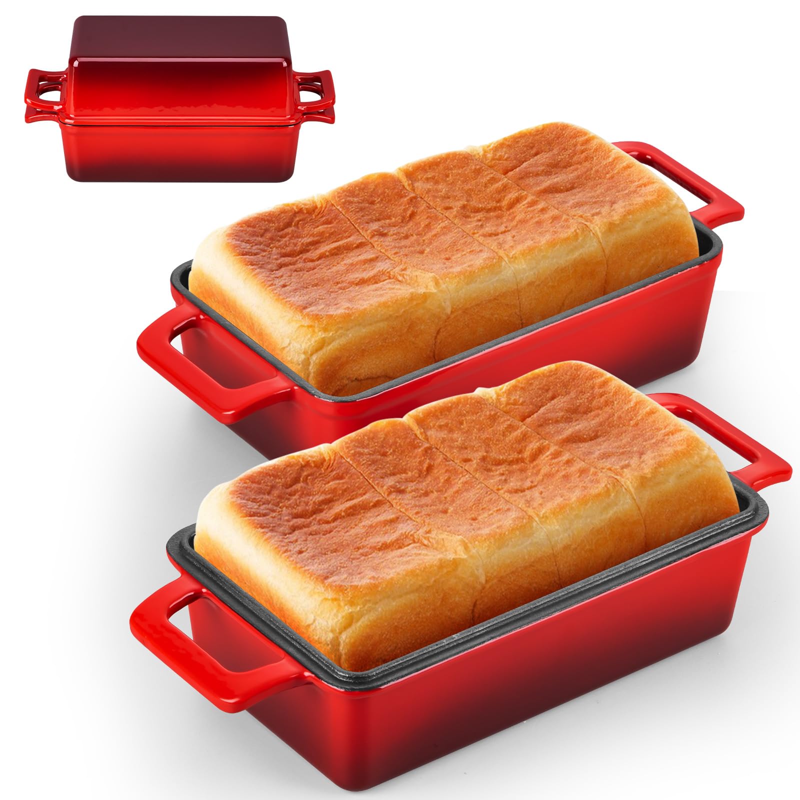 Leonyo Gusseisen-Brotpfannen-Set, 22,9 x 12,7 cm, Emaille, Rot | 2-in-1 Dutch Oven für selbstgemachtes Brotbacken, ofenfest & bis 260 °C erhitzen