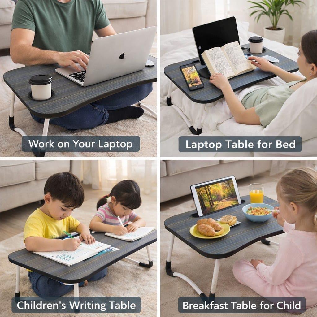 Multipurpose Foldable Laptop Table with Cup Holder, Study Table, Bed Table, Breakfast Table, Ergonomic & Rounded Edges/Non-Slip Legs Kids & Adults Writing Desk for Office/Home/School (Black)