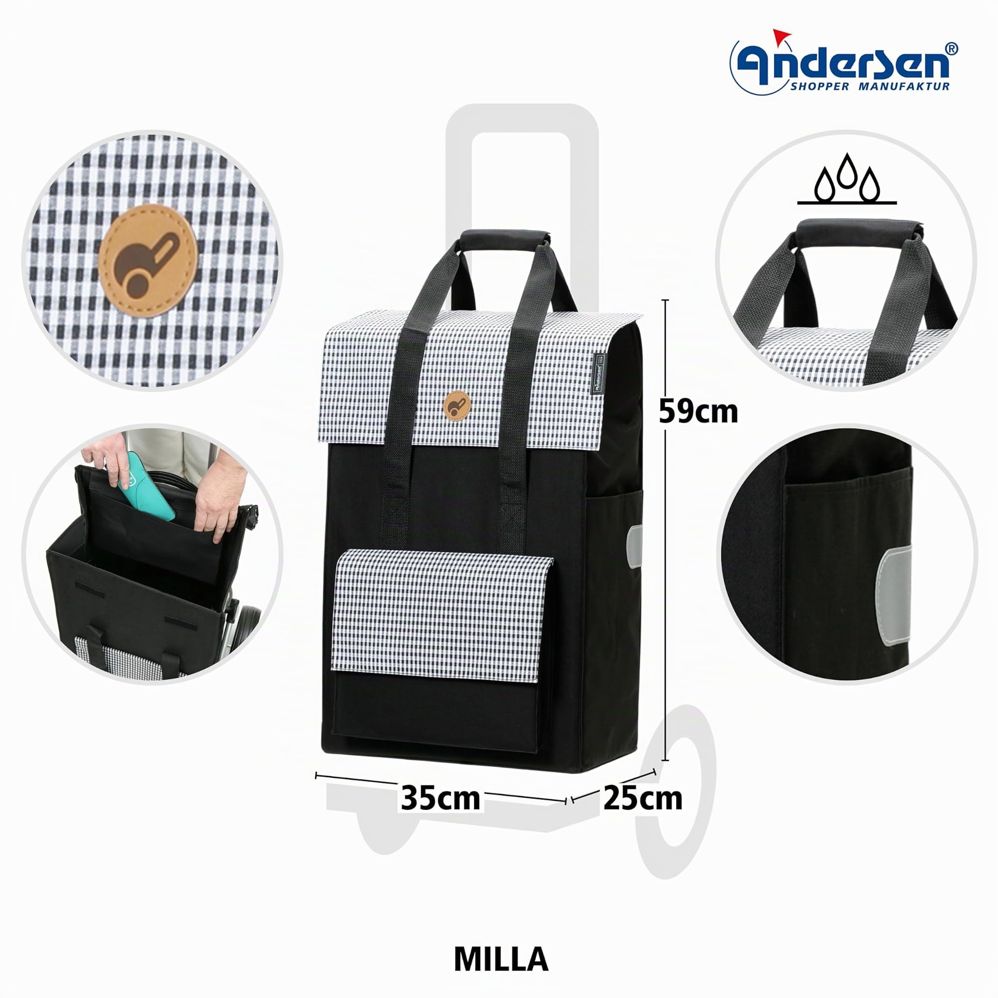Andersen Einkaufstrolley - klappbar - 54 Liter - mit Klappsitz bis 120 kg | belastbar 50 kg - Stahlgestell - Trolley - Komfort Shopper Milla schwarz