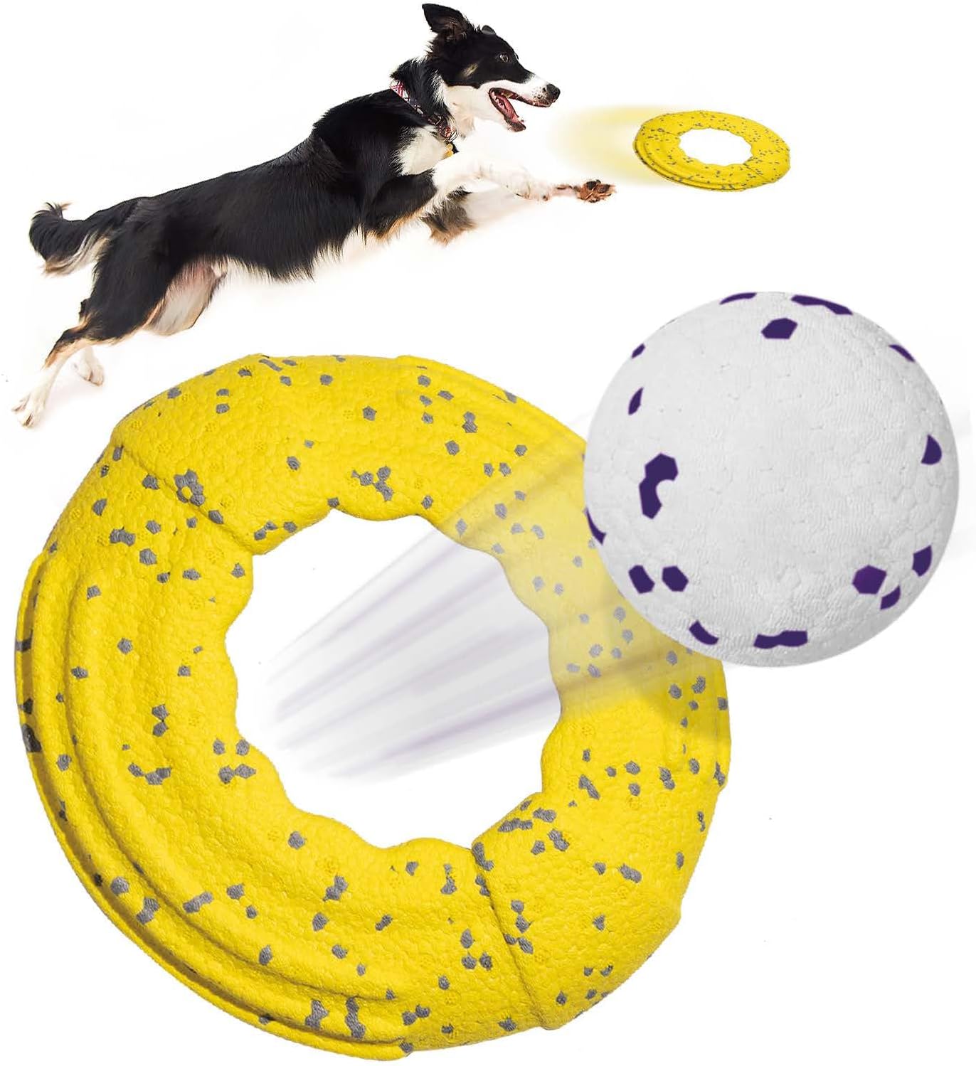 Dog Fetch Toys Tennis Balls 2Pcs, Indestructible Dog Flying Disc Lightweight, High Flying Aerodynamic Long-Distance, Floatable, High-Bounce Dog Toy for Fetch Catch, Tug of War, Play, Yellow 9.5"
