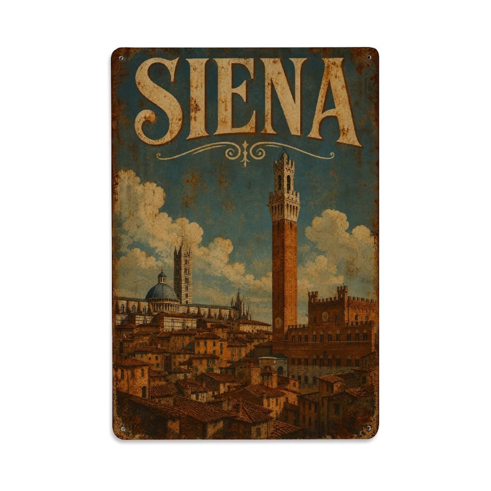 Huiyhb 8X12inch(20X30cm) Vintage Travel Siena Medieval Tower Cityscape View Italy Metal Tin Sign