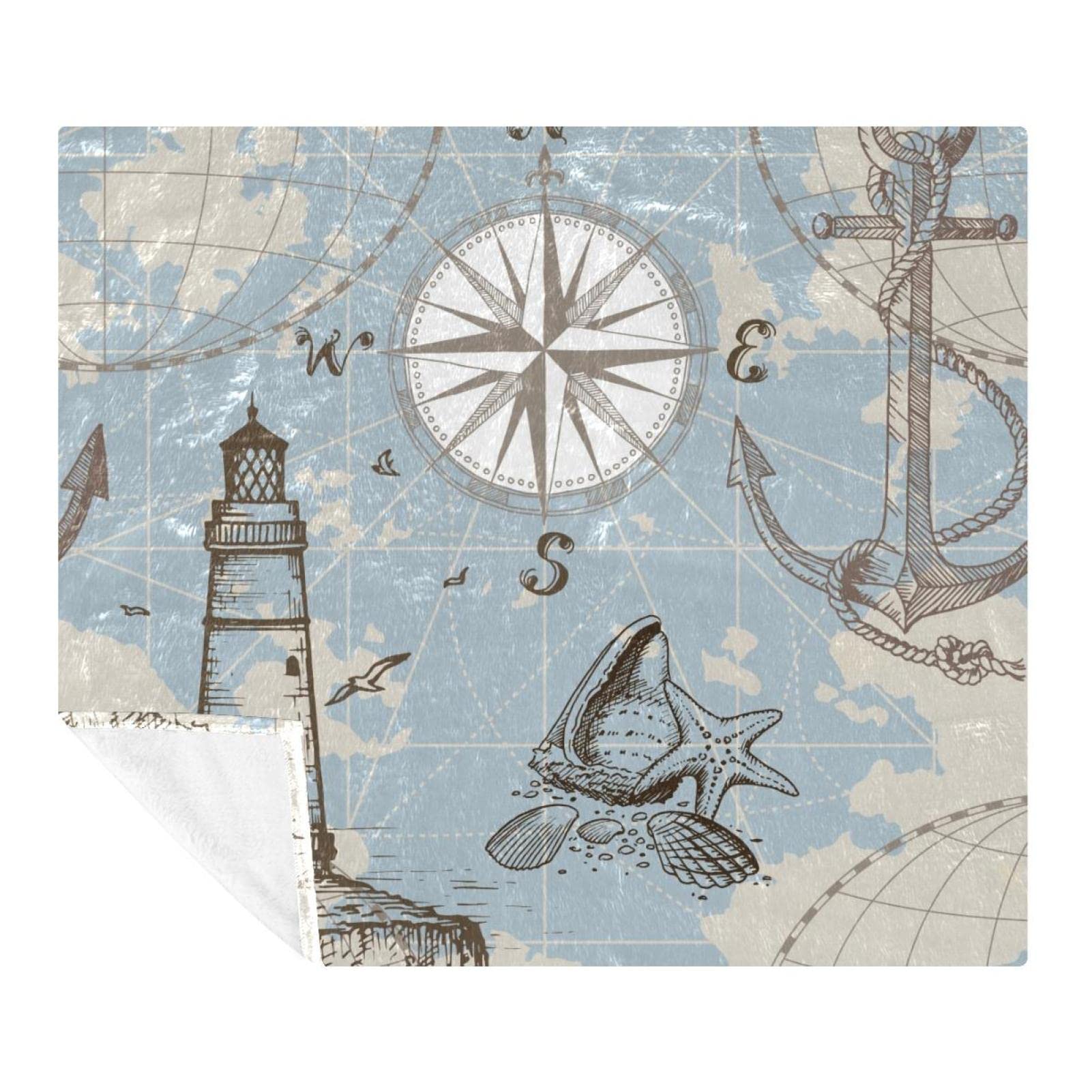 Plaid polaire doux motif phare et ancre, couverture en microfibre pour un cadeau cocooning