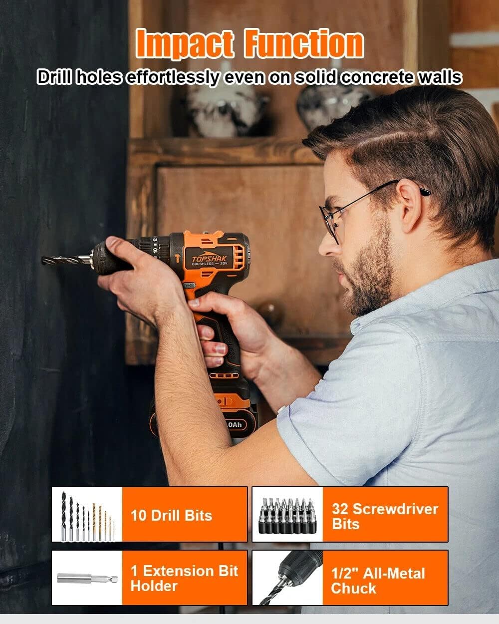 TOPSHAK TS-ED5 drill with various drill bits and screwdriver bits