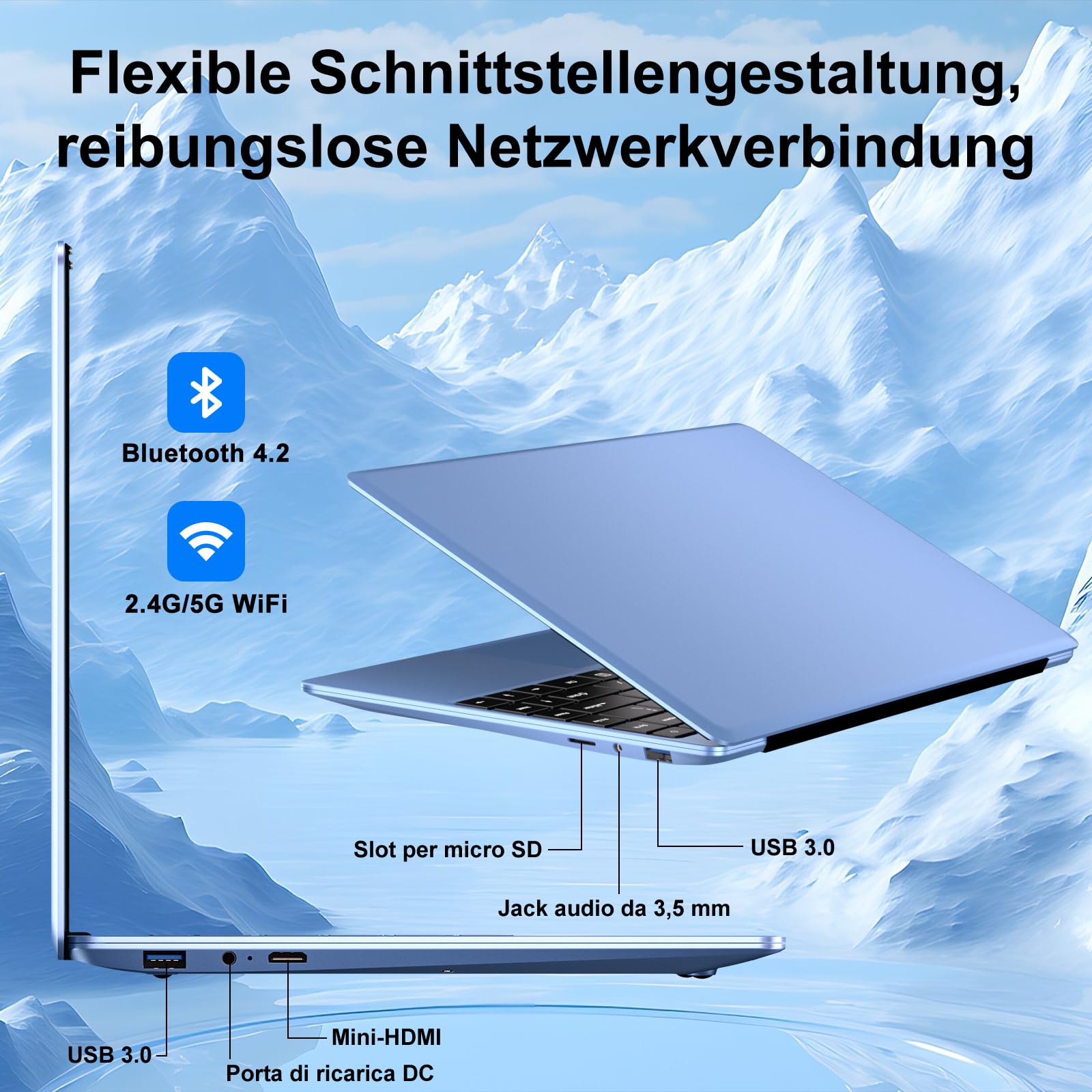 Laptop 14 Zoll Win11 Pro Notebook 6+256GB SSD Unterstützung 1TB | 1920x1080P Full Metal Celeron N4020 5G WiFi Mini HDMI & Kabellose Maus Tastaturfolie für Tastatur-Blue