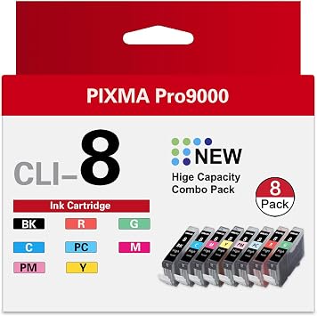 CLI-8 8 Color Multi Pack Ink Tank 8-Pack,1BK 1C 1M 1Y 1PC 1PM 1R 1G Vowdic Compatible Replacement for Canon CLI-8 Ink Cartridges with Pixma Pro9000 and Pro9000 Mark II Printer