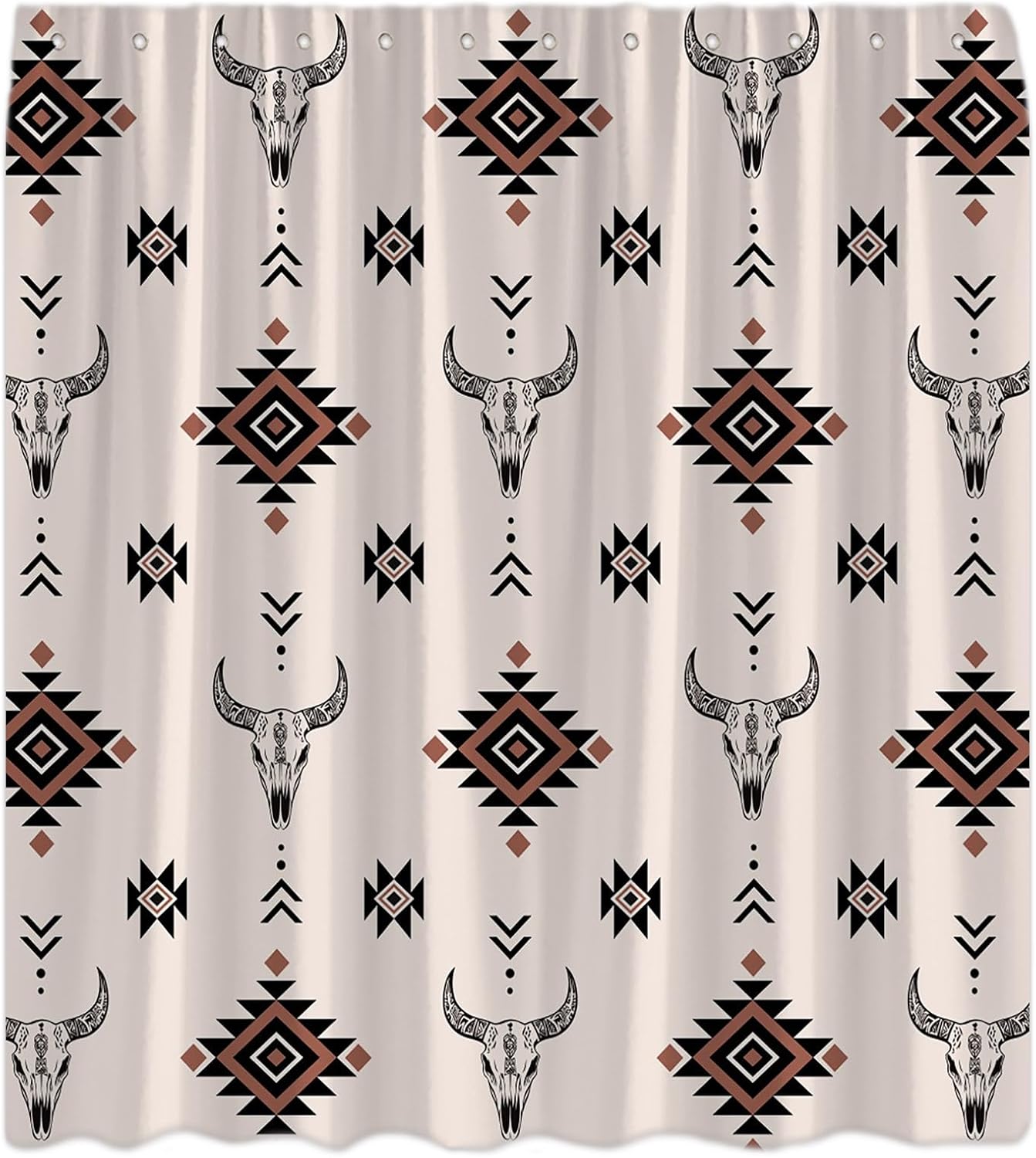 Western Boho Shower Curtain Aztec Bull Skull Geometric Native Tribal Southwestern Cow Longhorn Head Cowboy Farmhouse Bath Curtains with Hook,70x83.8 Inch