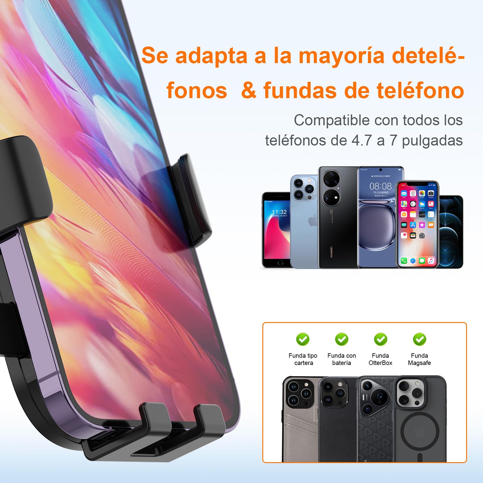 GRIFEMA Soporte Móvil Coche para Rejilla de Ventilación con Cierre Automático, Rotación 360°, Uso con Una Mano, Compatible con Teléfonos de 4,7 a 7 Pulgadas con Funda​​ — view 7