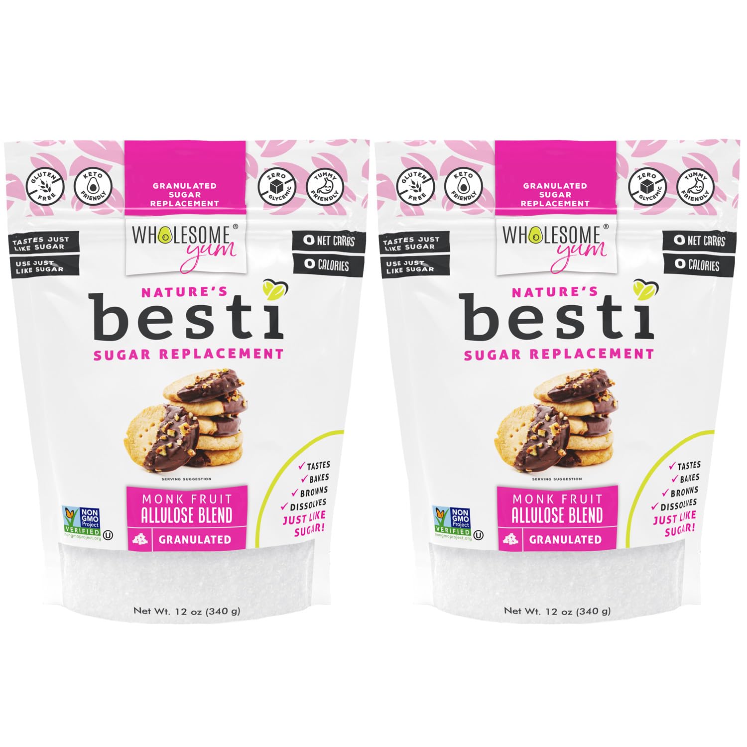 Besti Natural Sugar Substitute - Keto Granulated Monk Fruit Sweetener Blend With Allulose (No Erythritol) - Non GMO, Zero Calorie, Zero Carb, Sugar Free, No Aftertaste (12 oz, 2 Pack)