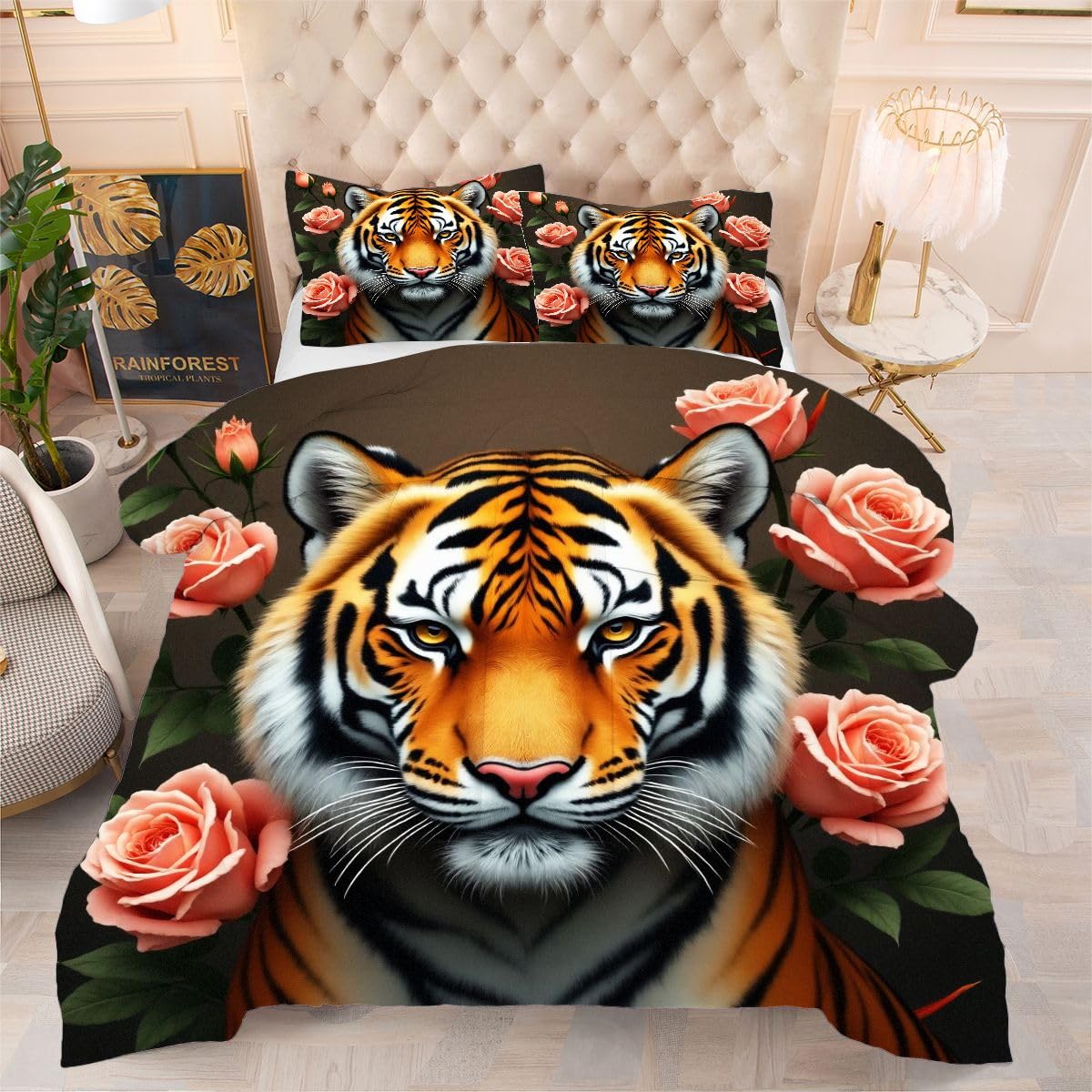 Couette tempérée 200x200 tigre jaune avec taies d'oreiller microfibre douce