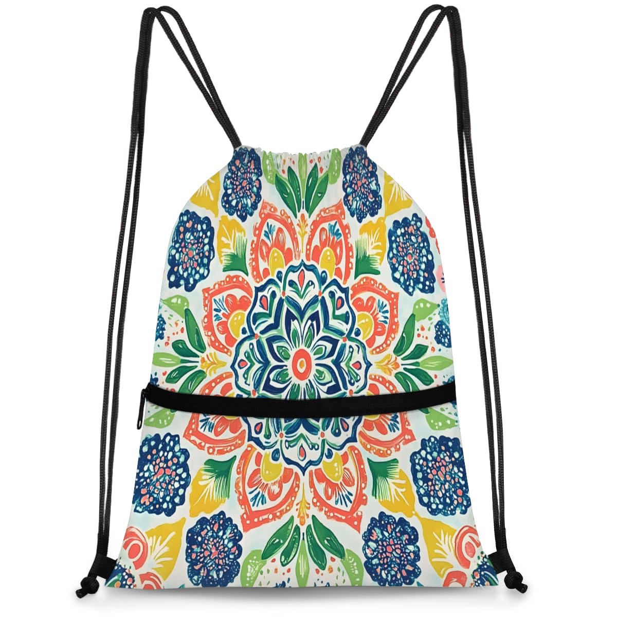 QsirBC Colorful Floral Mandala Drawstring Bag for Men &amp; Women, Gym Sports Backpack with Zipper Pocket, Lightweight String Sackpack for Travel, Running, Hiking, Workout