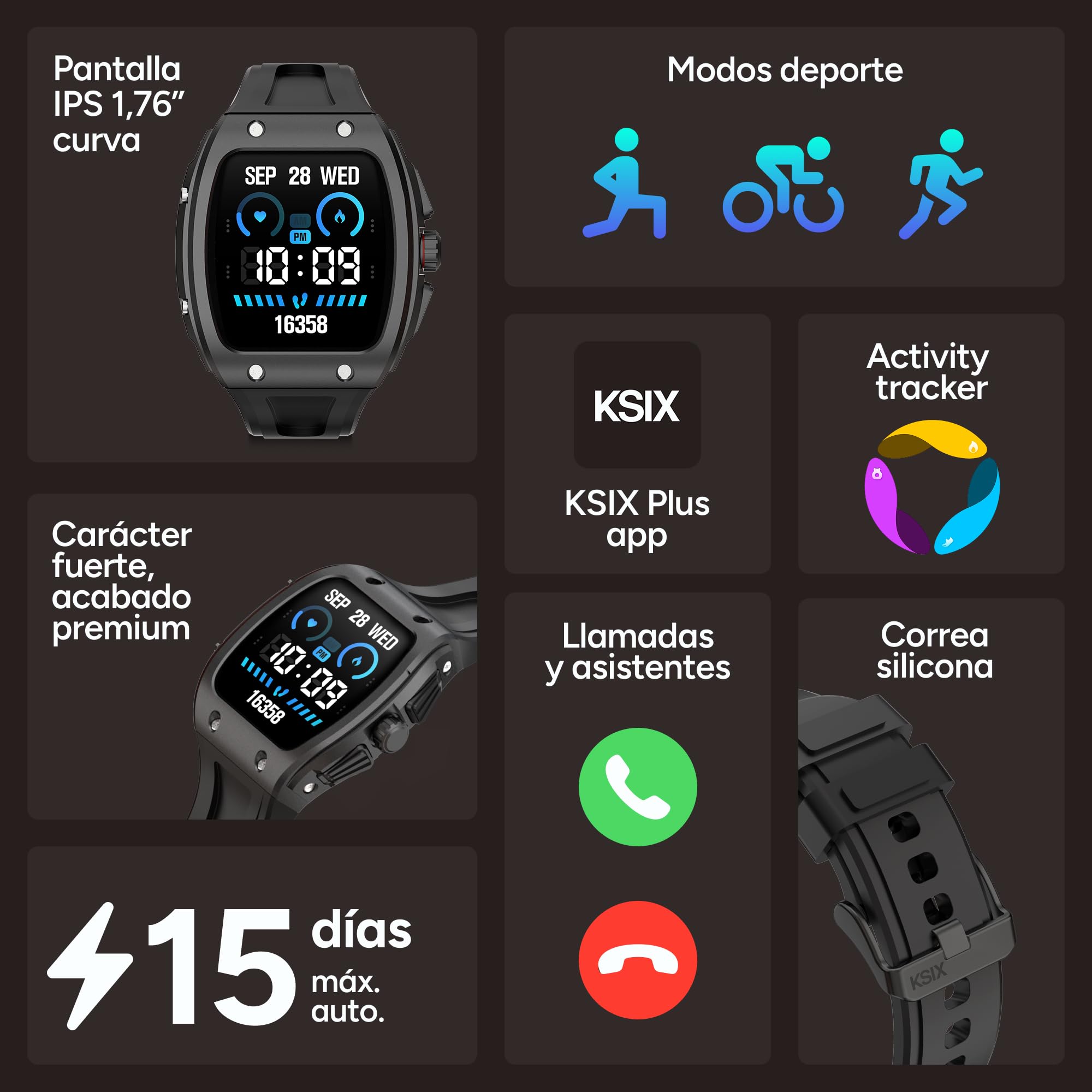 KSIX Smartwatch Hero 2 Go - Reloj Inteligente Hombre con Llamadas y Whatsapp, Pantalla Curva 1.76", Monitor de Salud, Sumergible IP68, Compatible con iPhone® y Android® - Negro