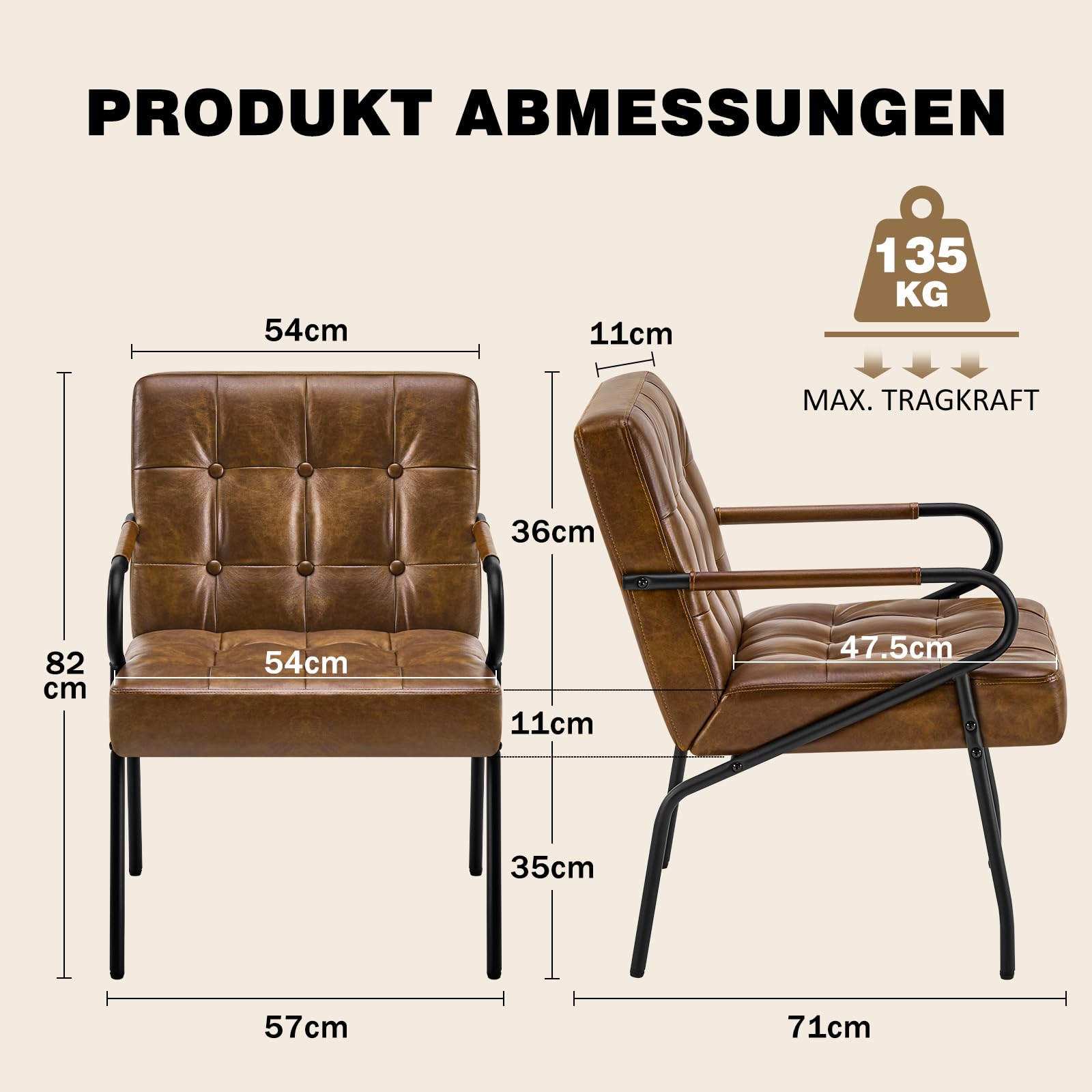 Hellove Loungesessel Wohnzimmer mit Metallbeinen, Ohrensessel Vintage PU Leder, Moderner Relaxsessel mit Gemütlicher, Bequemer Polsterstuhl Ledersessel Lesesessel für Schlafzimmer LivingRoom Braun